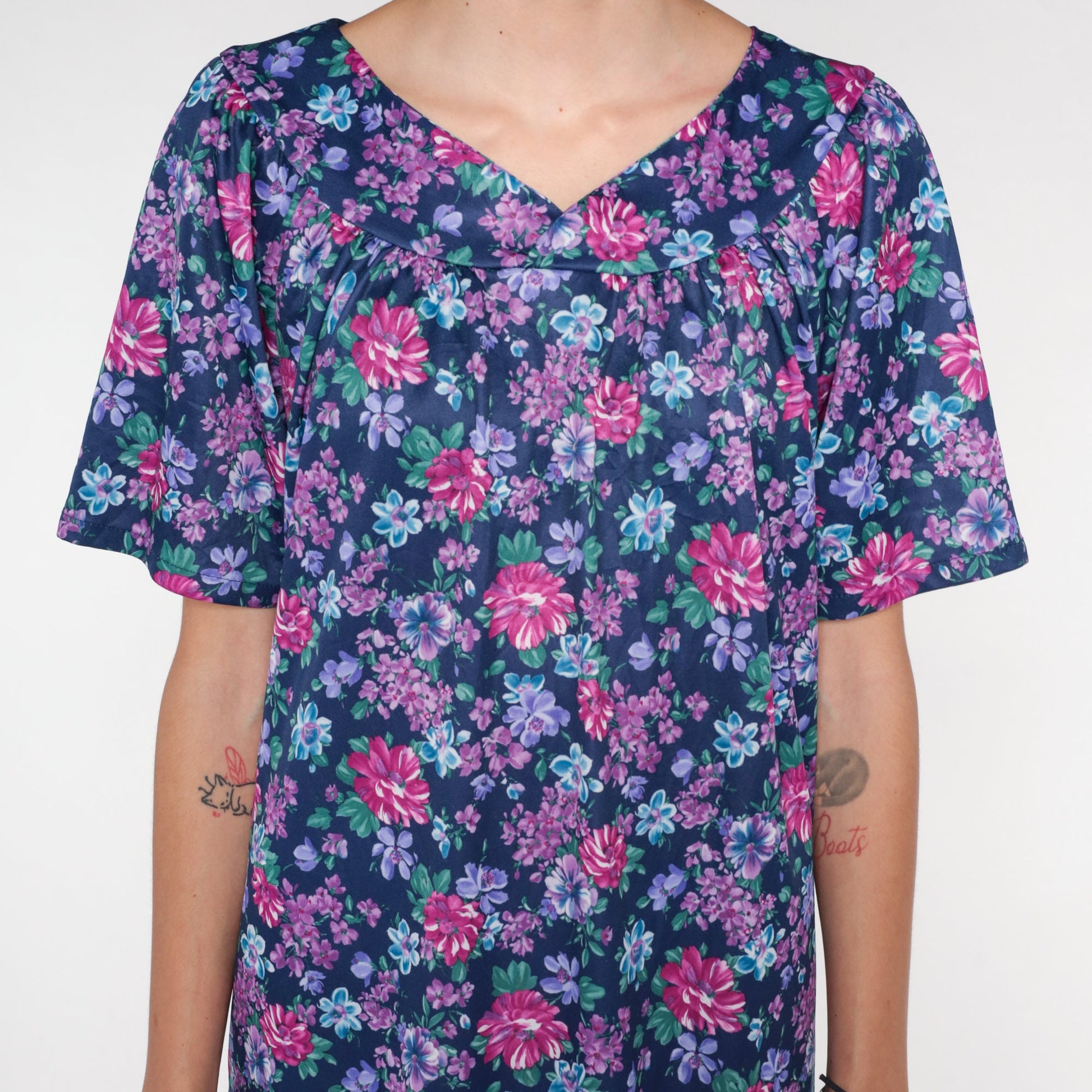 90s Purple Floral Tent Dress Mini Short Sleeve Lounge Dress XXL