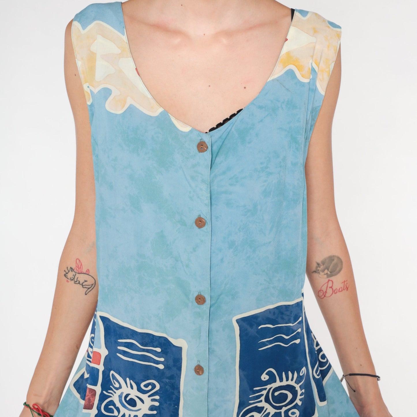 00s Blue Abstract Eye Print Mini Dress Sleeveless Button Front Extra Large XXL