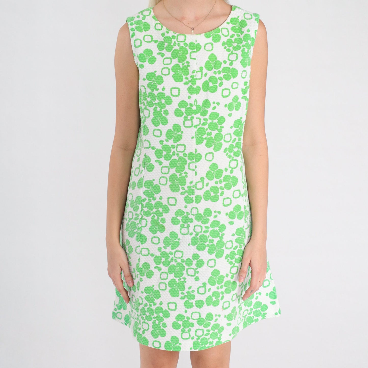 60s Lime Green Floral Shift Mini Dress Sleeveless Medium