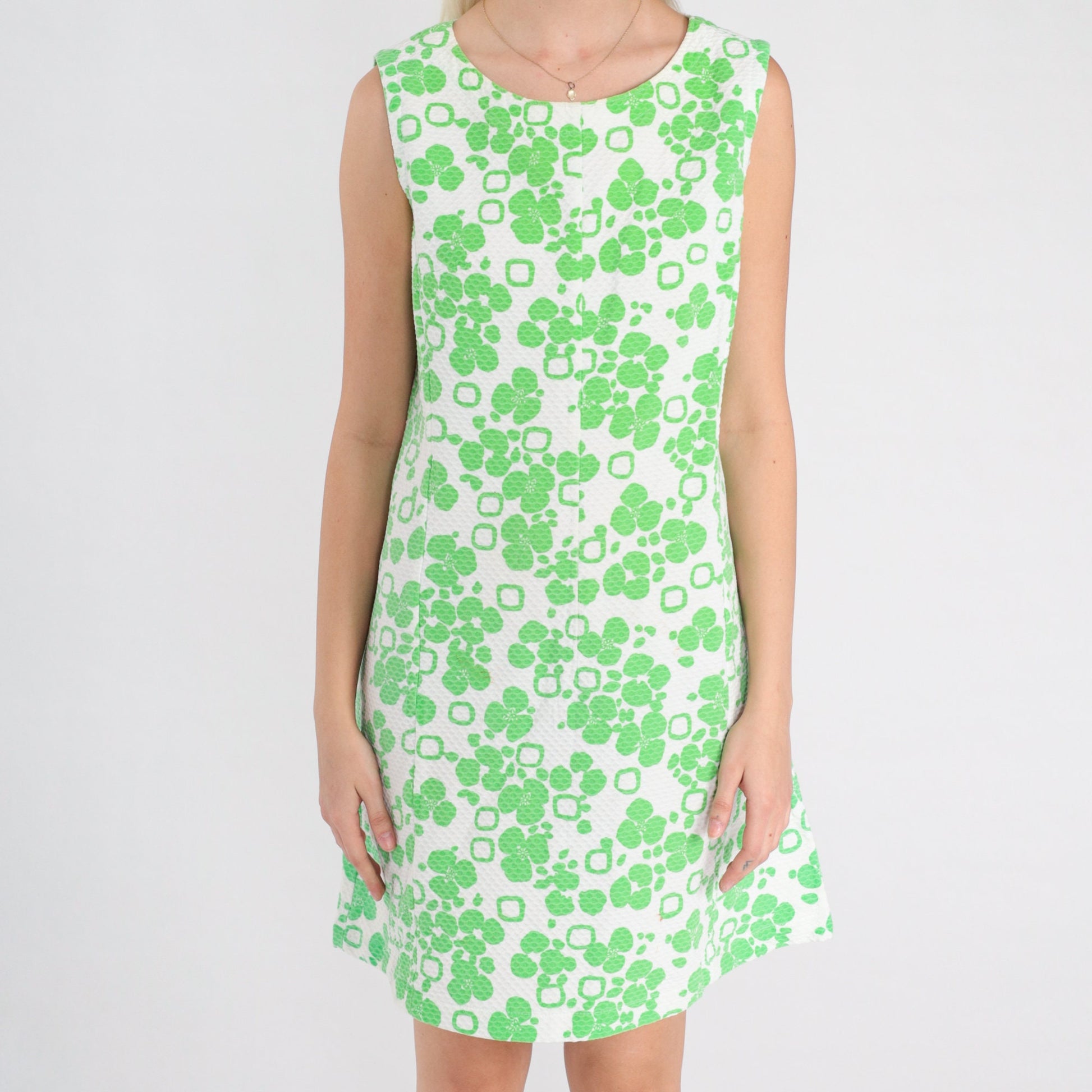 60s Lime Green Floral Shift Mini Dress Sleeveless Medium