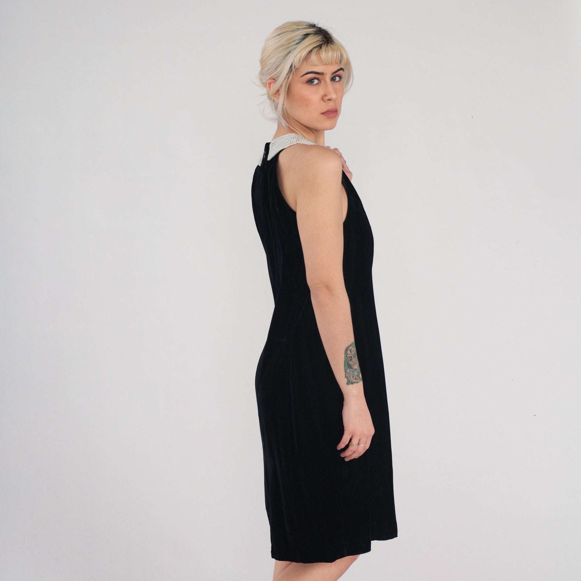 90s Black Velvet Mini Dress Pearl Beaded Sleeveless Sheath Small S