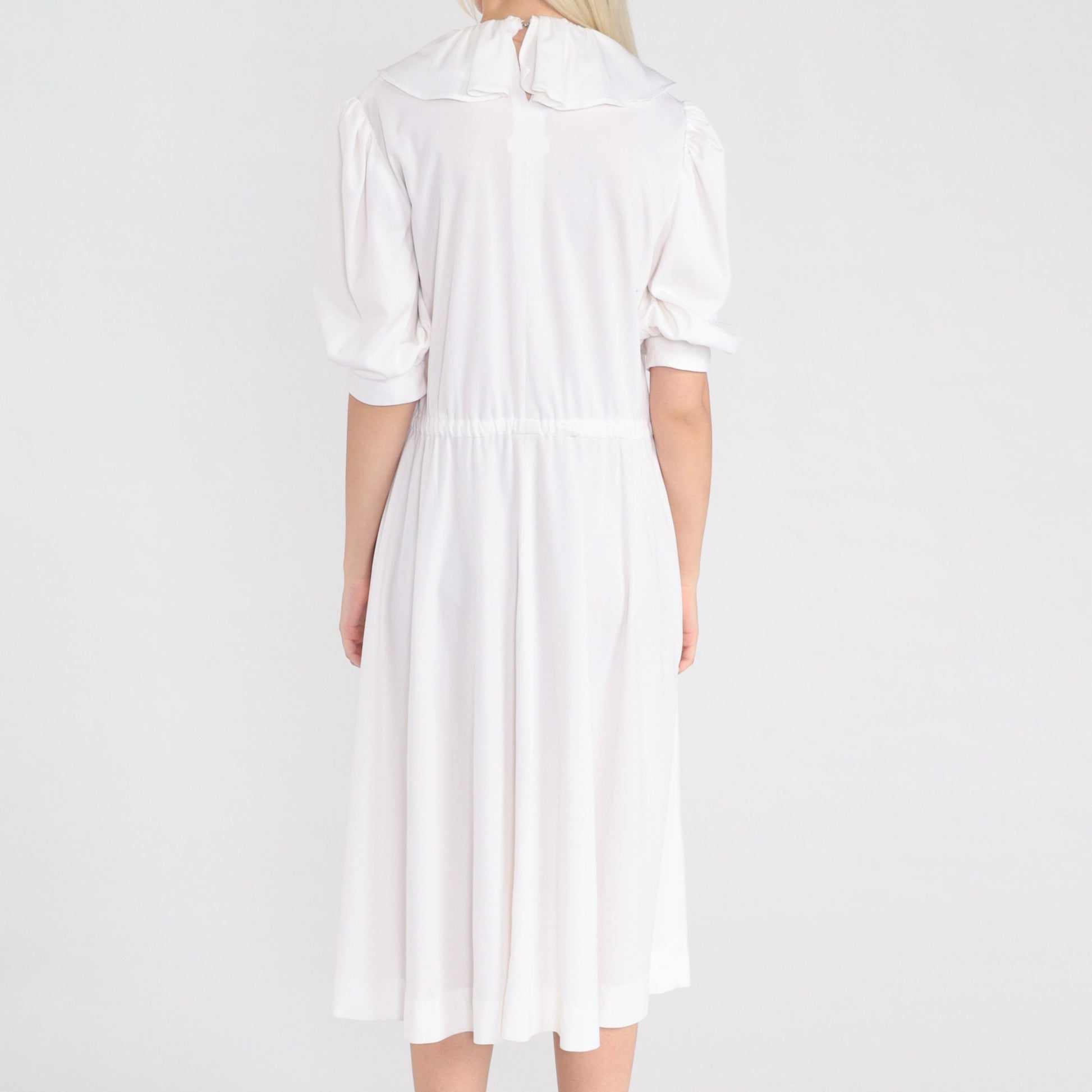 70s White Ruffle Midi Dress Puff Sleeve High Waist V Neck Medium Large