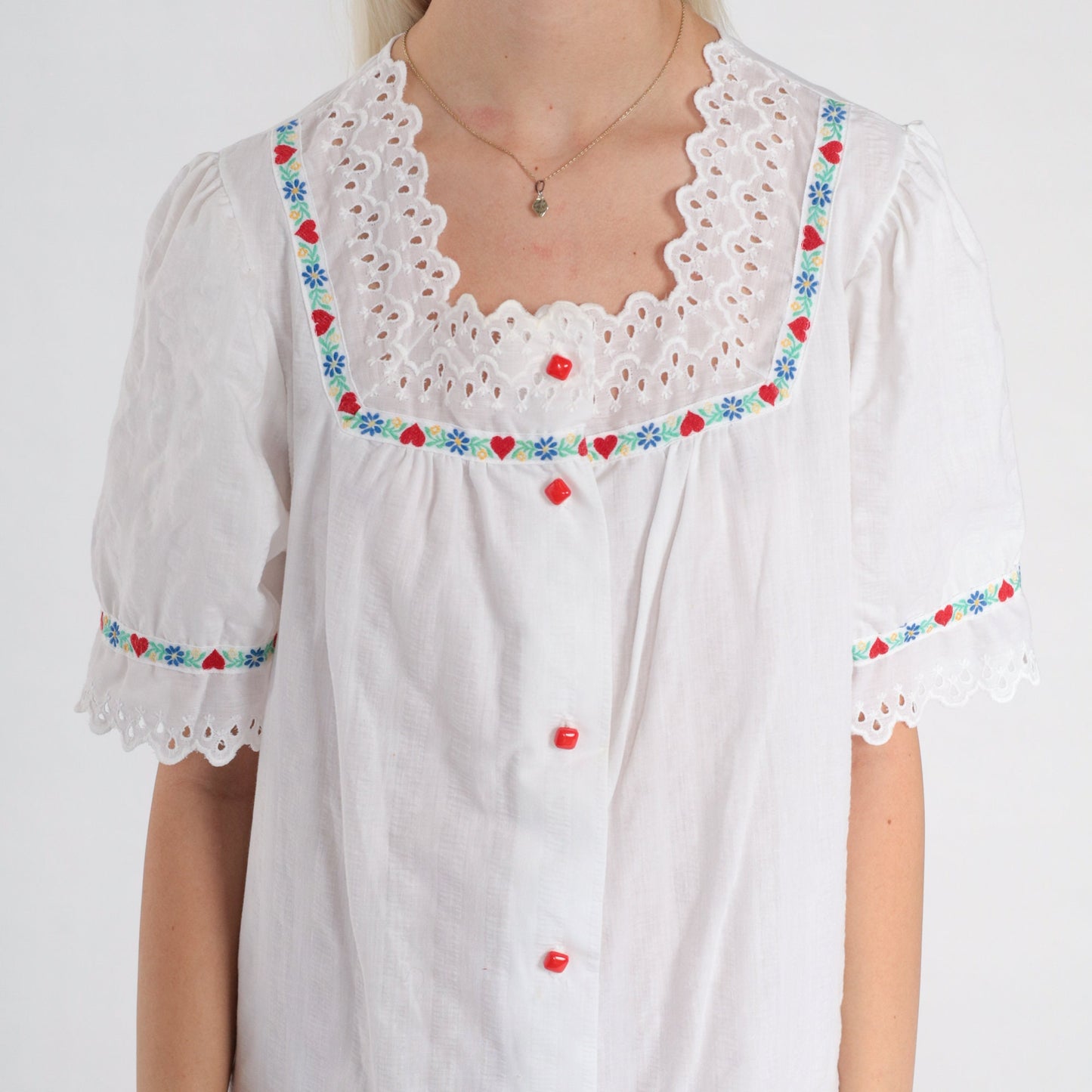 70s White Eyelet Lace Midi Lounge Dress Puff Sleeve Button Front Medium