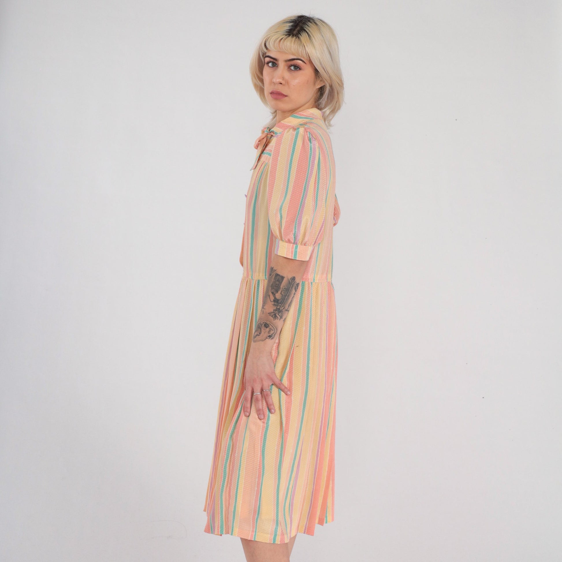 90s Striped Midi Dress Puff Sleeve Button-Up Necktie Bow High Waist Medium M