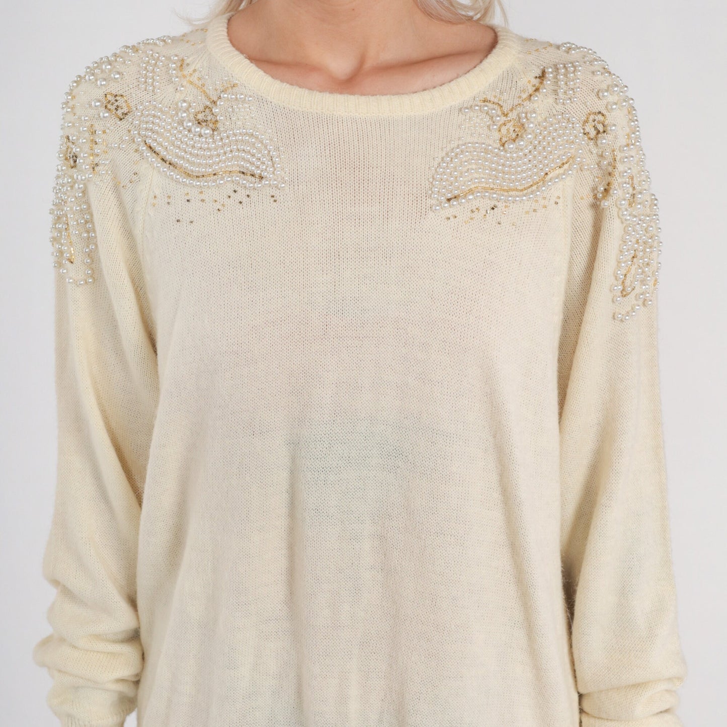 80s Cream Knit Midi Dress Pearl Beaded Shoulders Long Sleeve Shift Large L