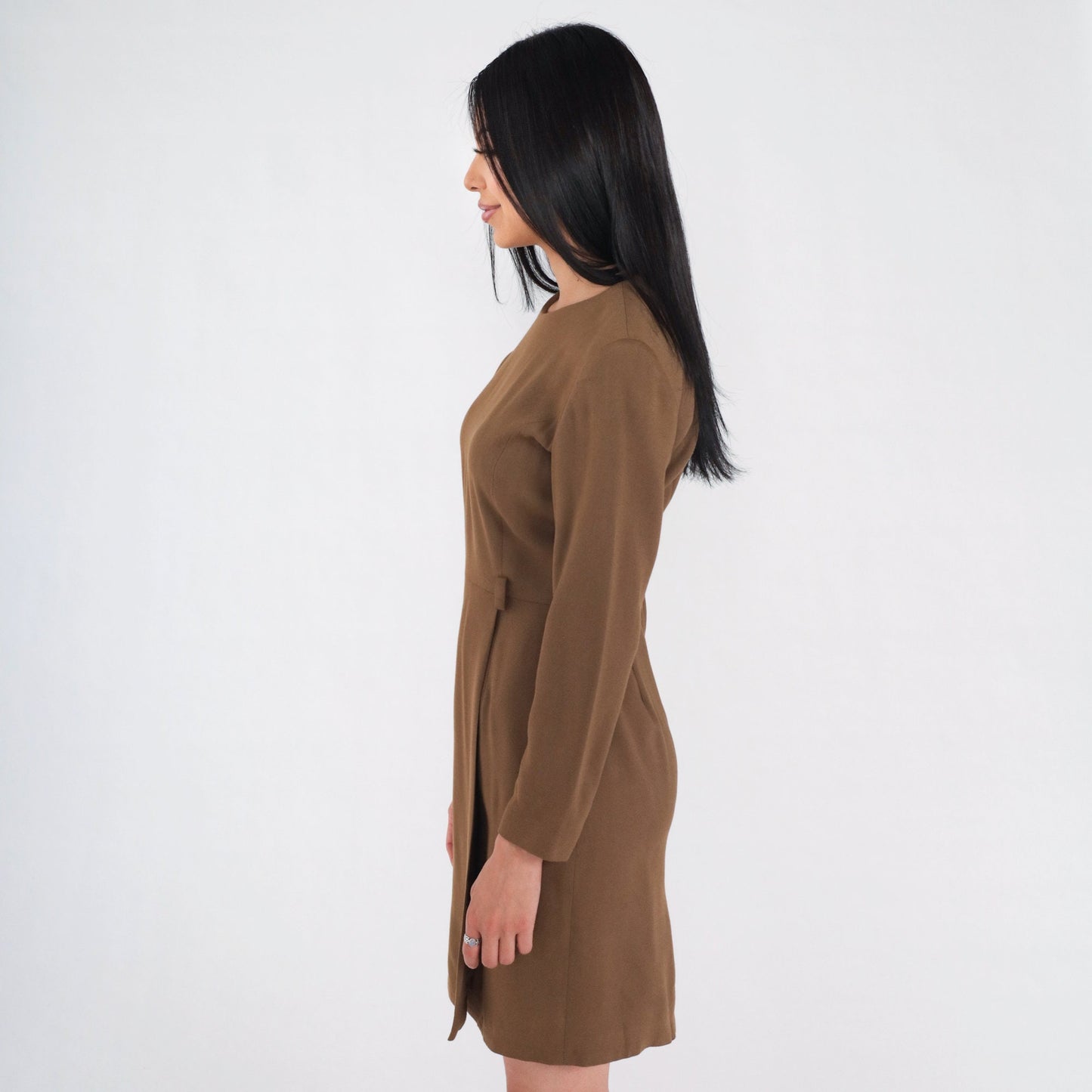 90s Petite Sophisticate Brown Wool Blend Mini Sheath Dress Long Sleeve Extra Small XS