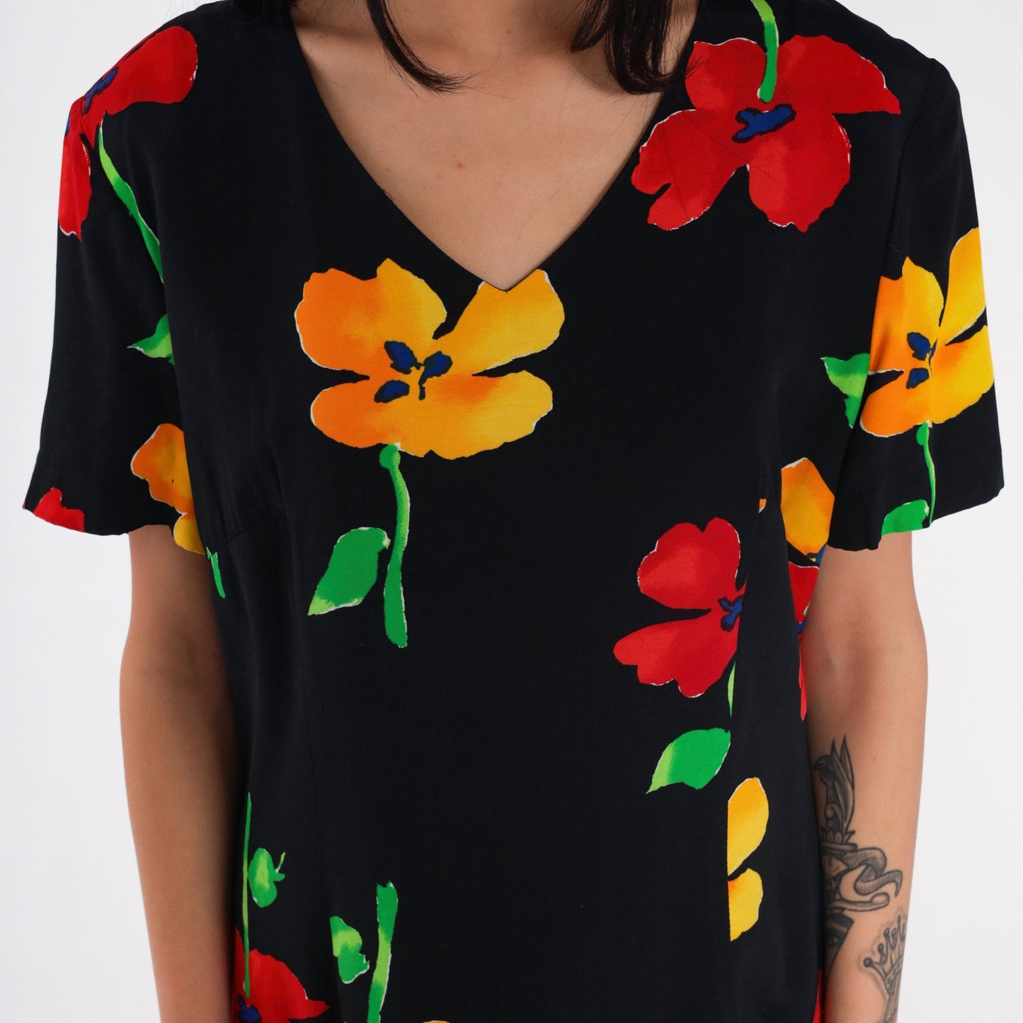 90s Black Poppy Floral Midi Dress Short Sleeve Knee Length Large
