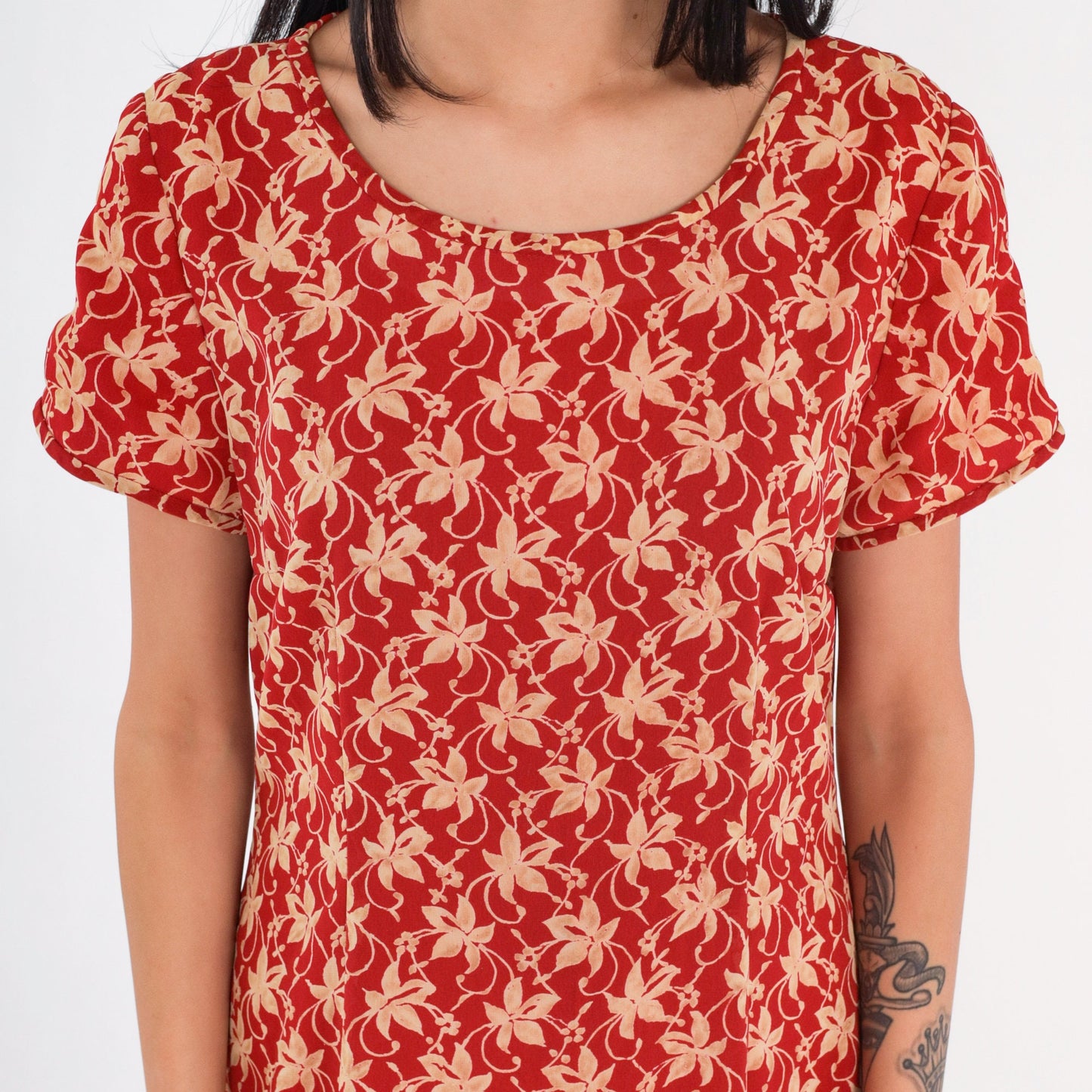 90s Red Floral Maxi Dress Short Sleeve Ankle Length Medium M