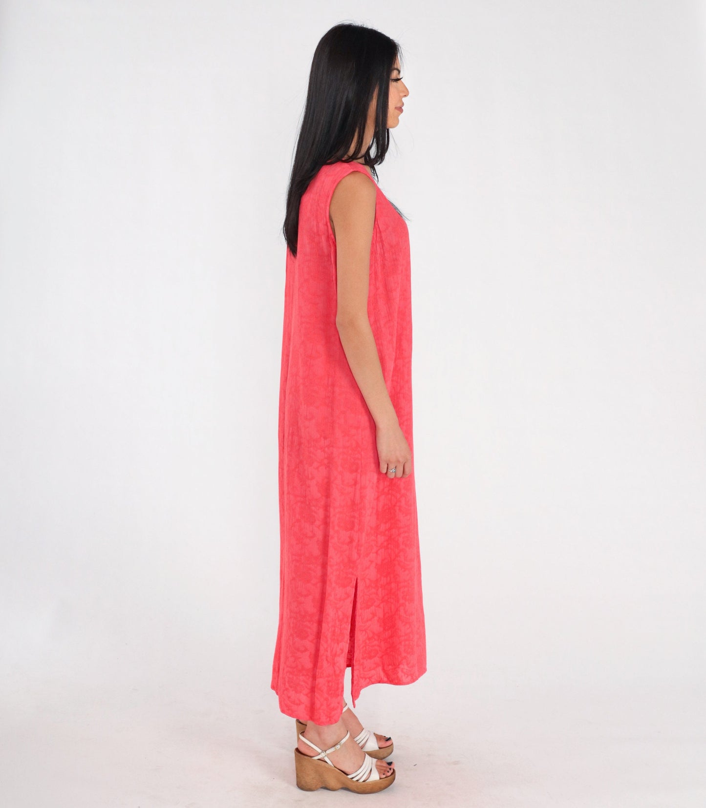 90s Pink Floral Embossed Maxi Dress Sleeveless Side Slit Shift Large 12