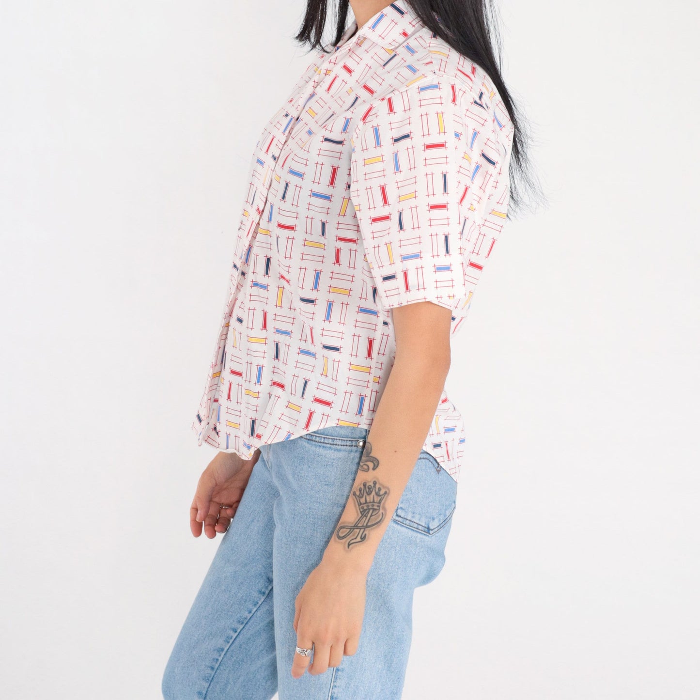 90s White Button Up Blouse Multicolor Geometric Lattice Print Short Sleeve Small
