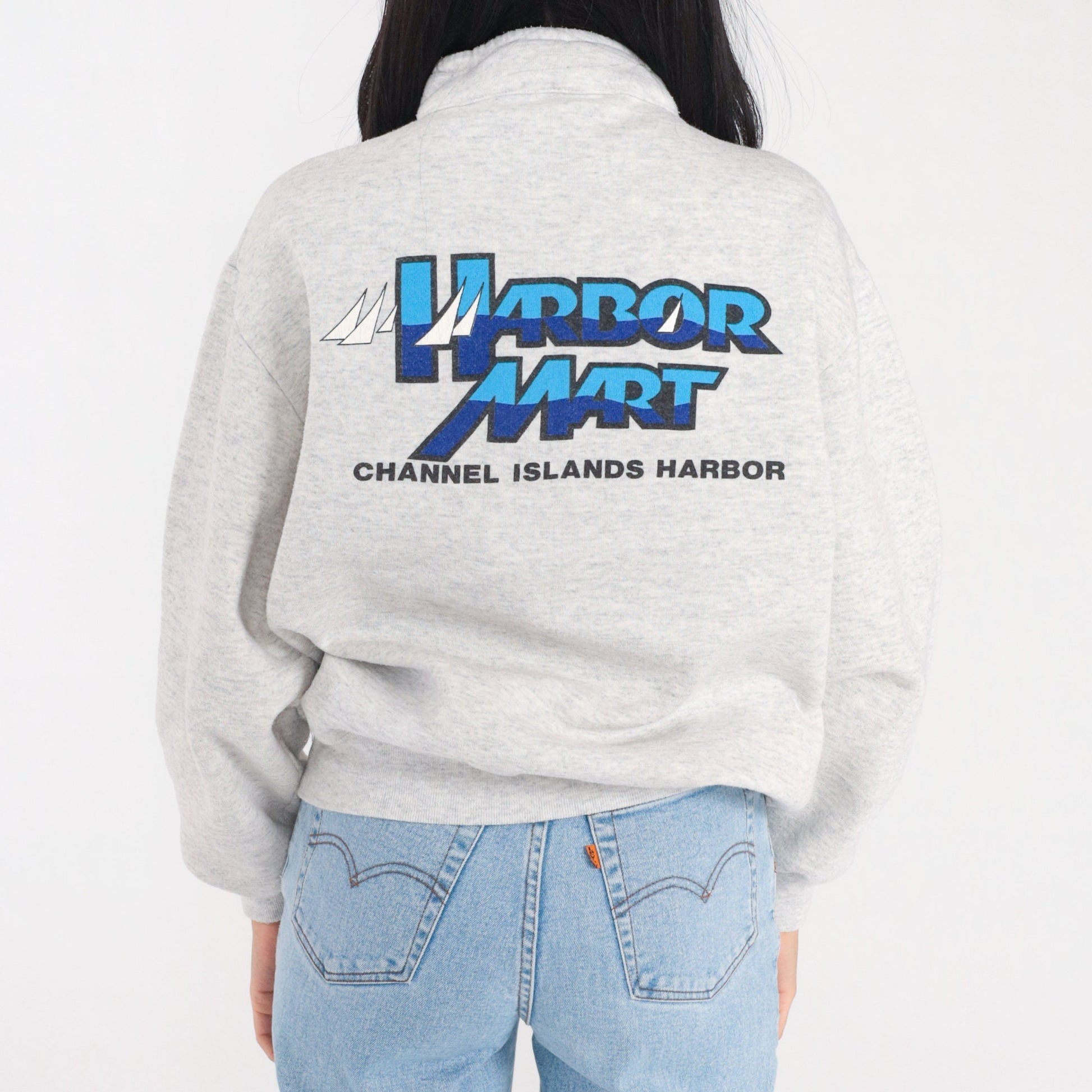 90s Harbor Mart Channel Islands Quarter Zip Sweatshirt Heather Grey Large L
