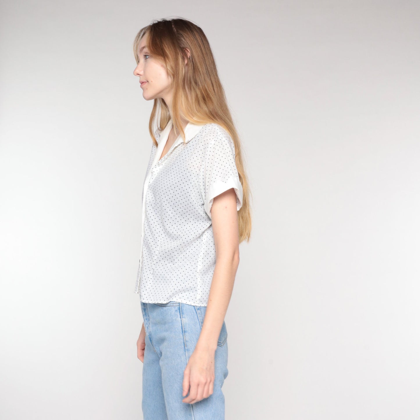 70s Polka Dot Button-Up Blouse White Black Collared Short Sleeve Large