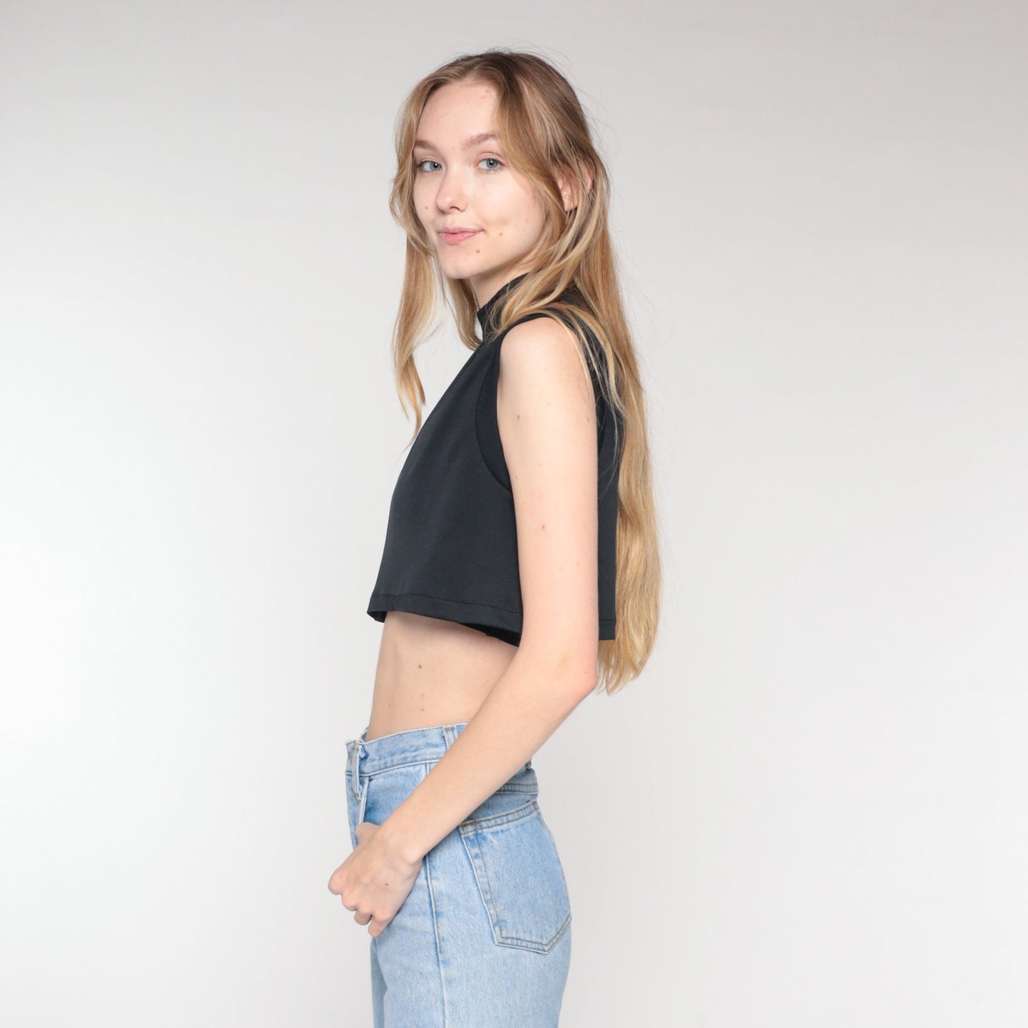 70s Black Mock Neck Crop Tank Top Sleeveless Small S