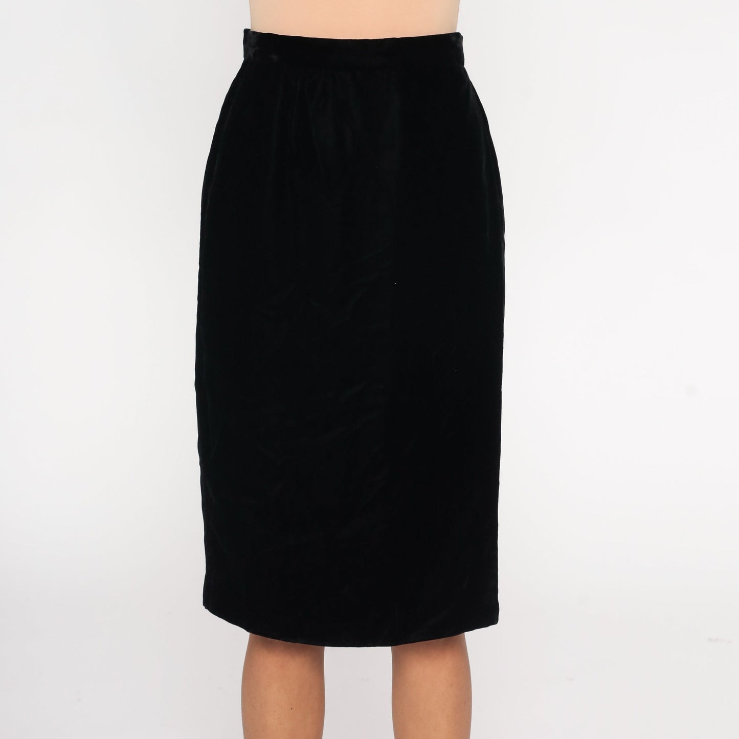 90s Black Velvet Midi Pencil Skirt High Waist Small