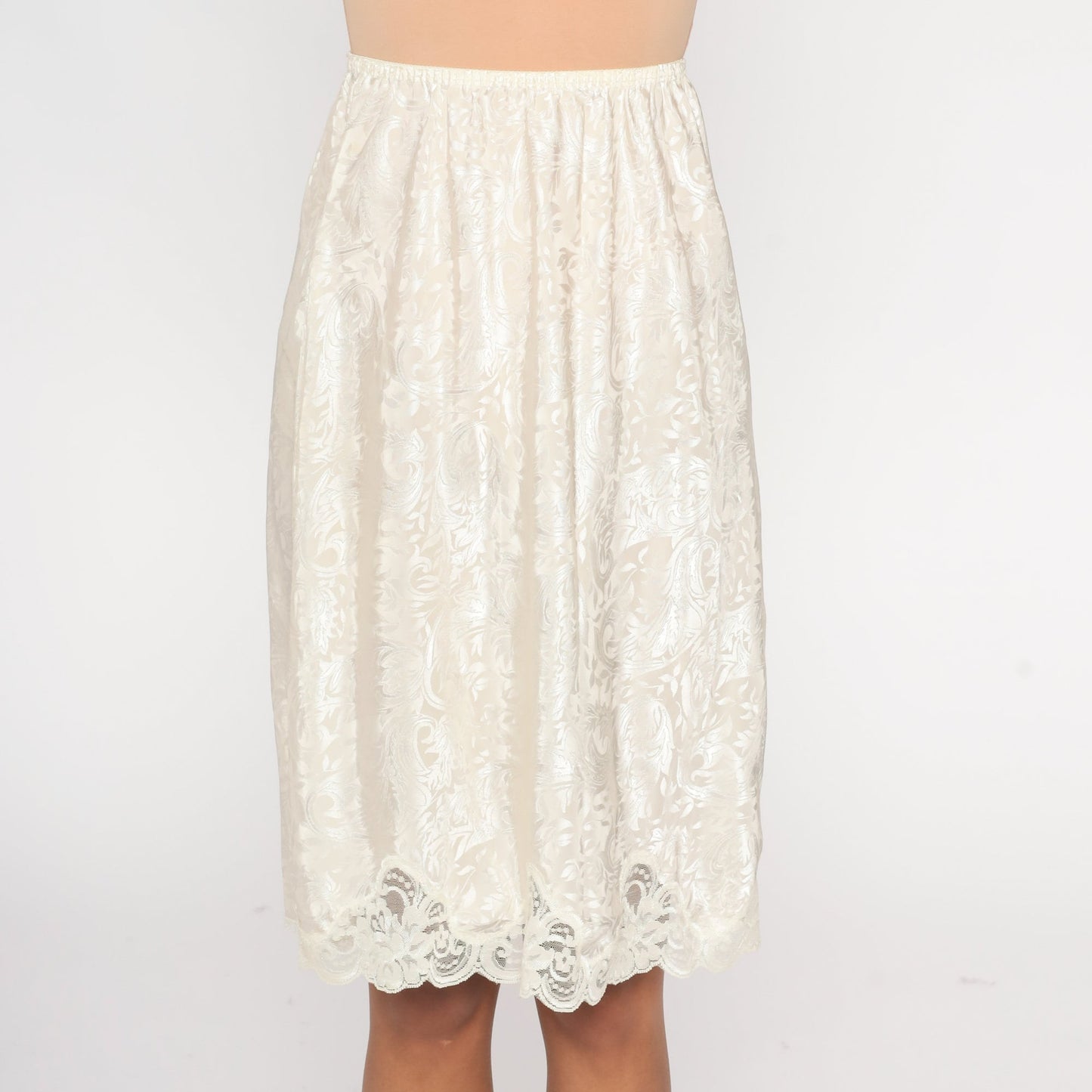 90s White Embossed Midi Slip Skirt Lace Trim High Waist Small