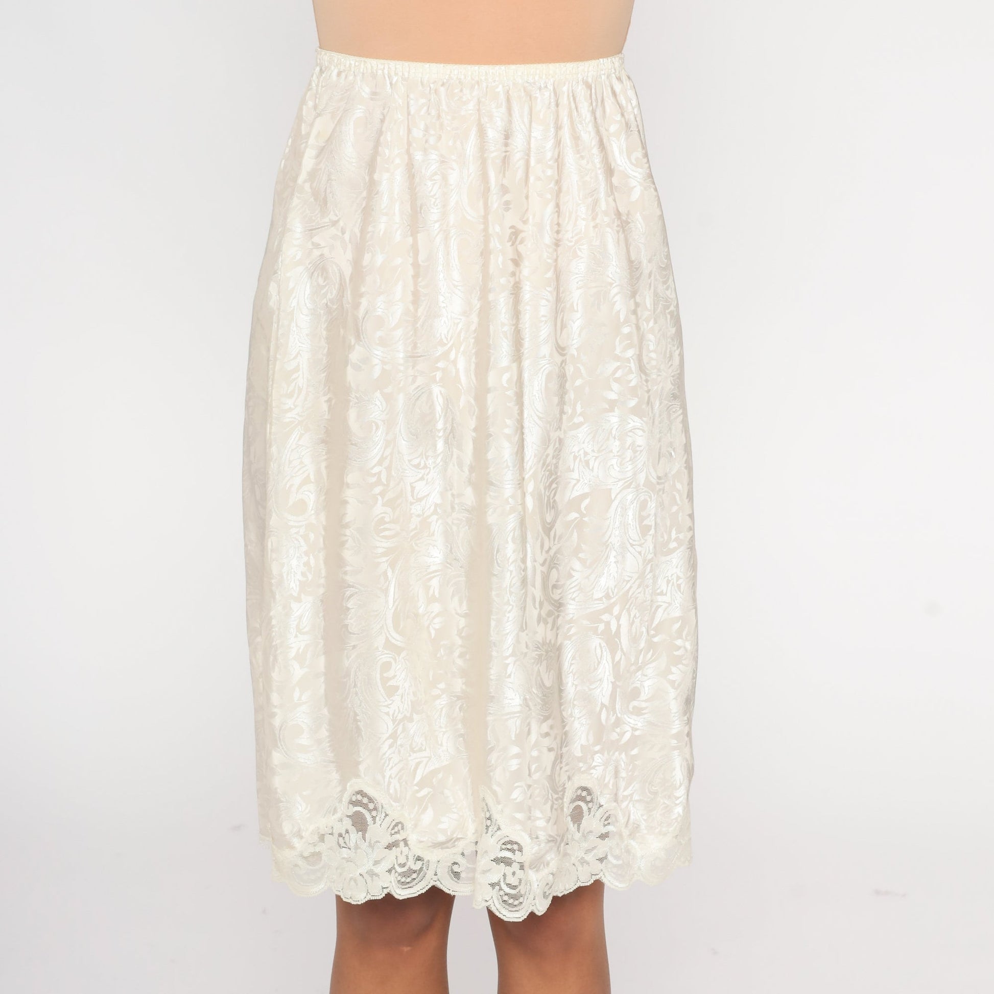 90s White Embossed Midi Slip Skirt Lace Trim High Waist Small