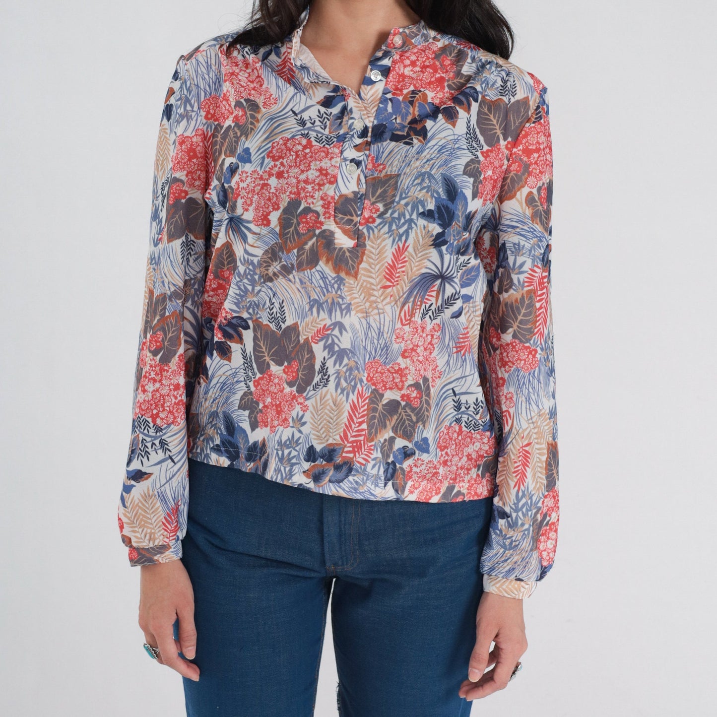 70s Floral Leaf Print Blouse Long Sleeve Half Button Up White Large