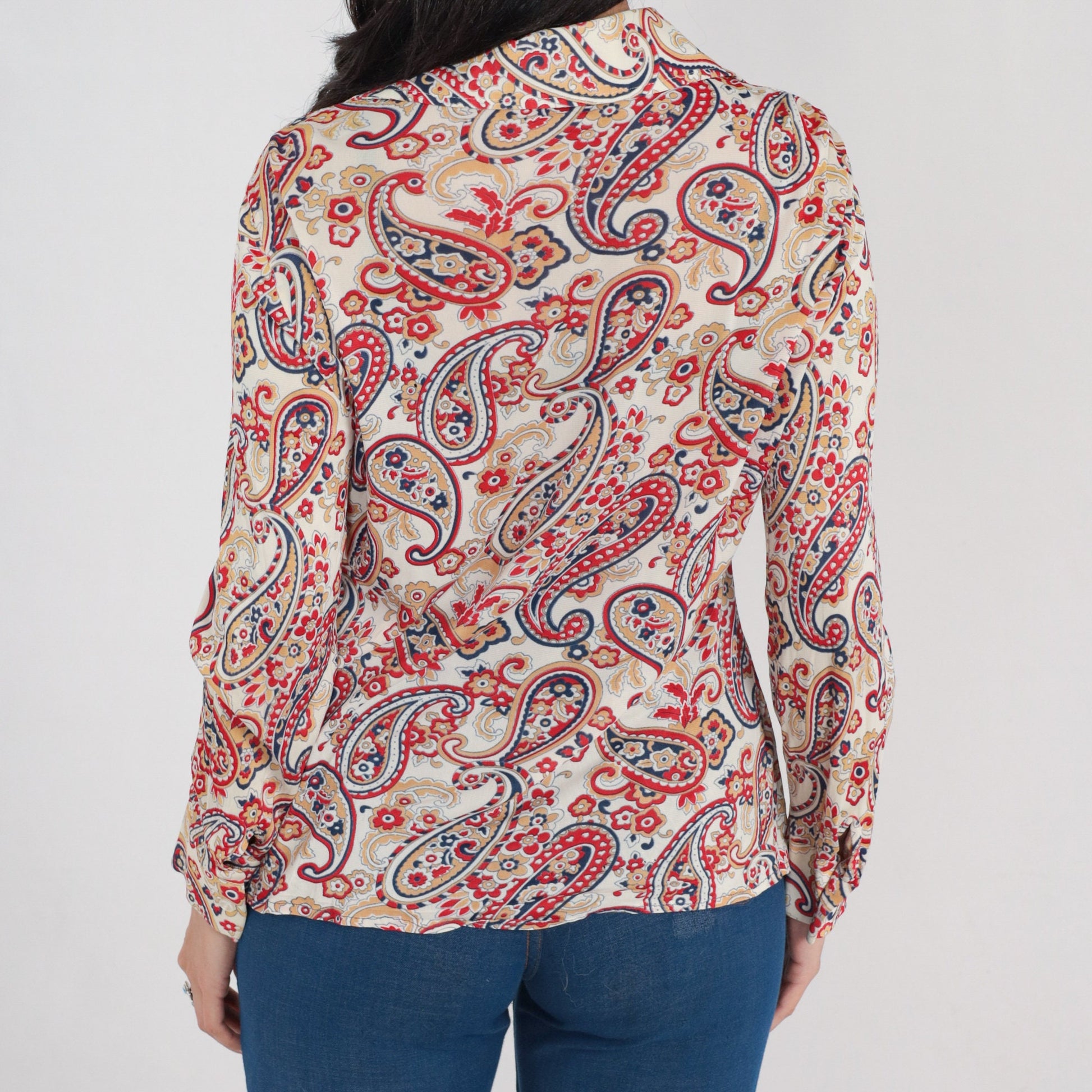 70s Paisley Floral Button-Up Blouse Long Sleeve Collared Shirt White Red Blue Tan Large L
