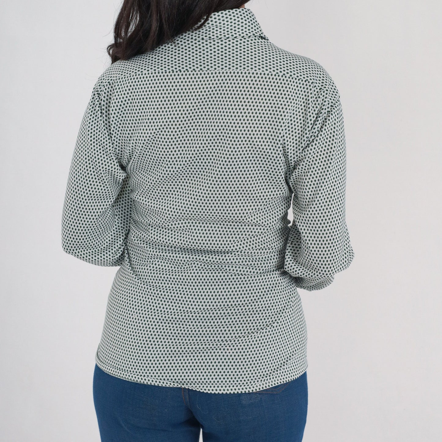 70s Arrow Button-Up Shirt White Green Dot Print Dagger Collar Medium