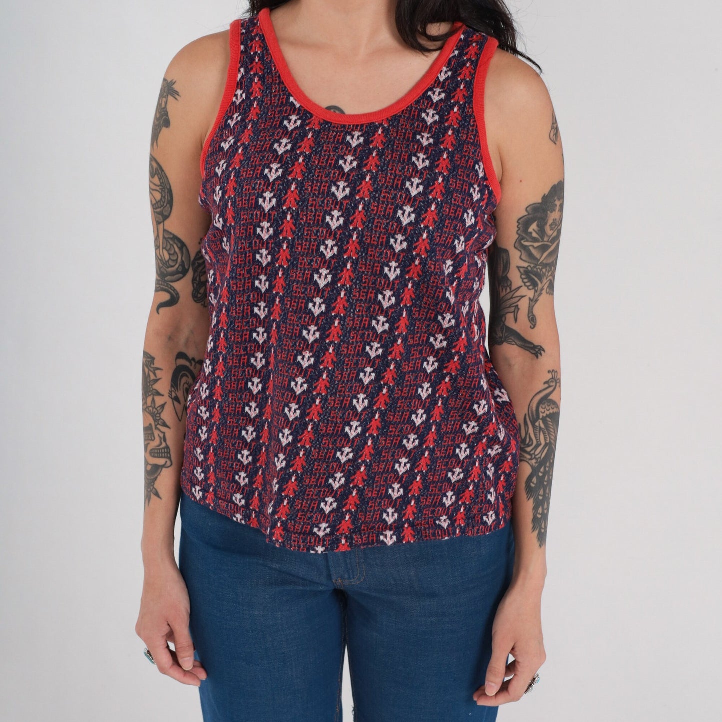 70s Sea Scout Anchor Tank Top Red White Blue Nautical Sleeveless Medium