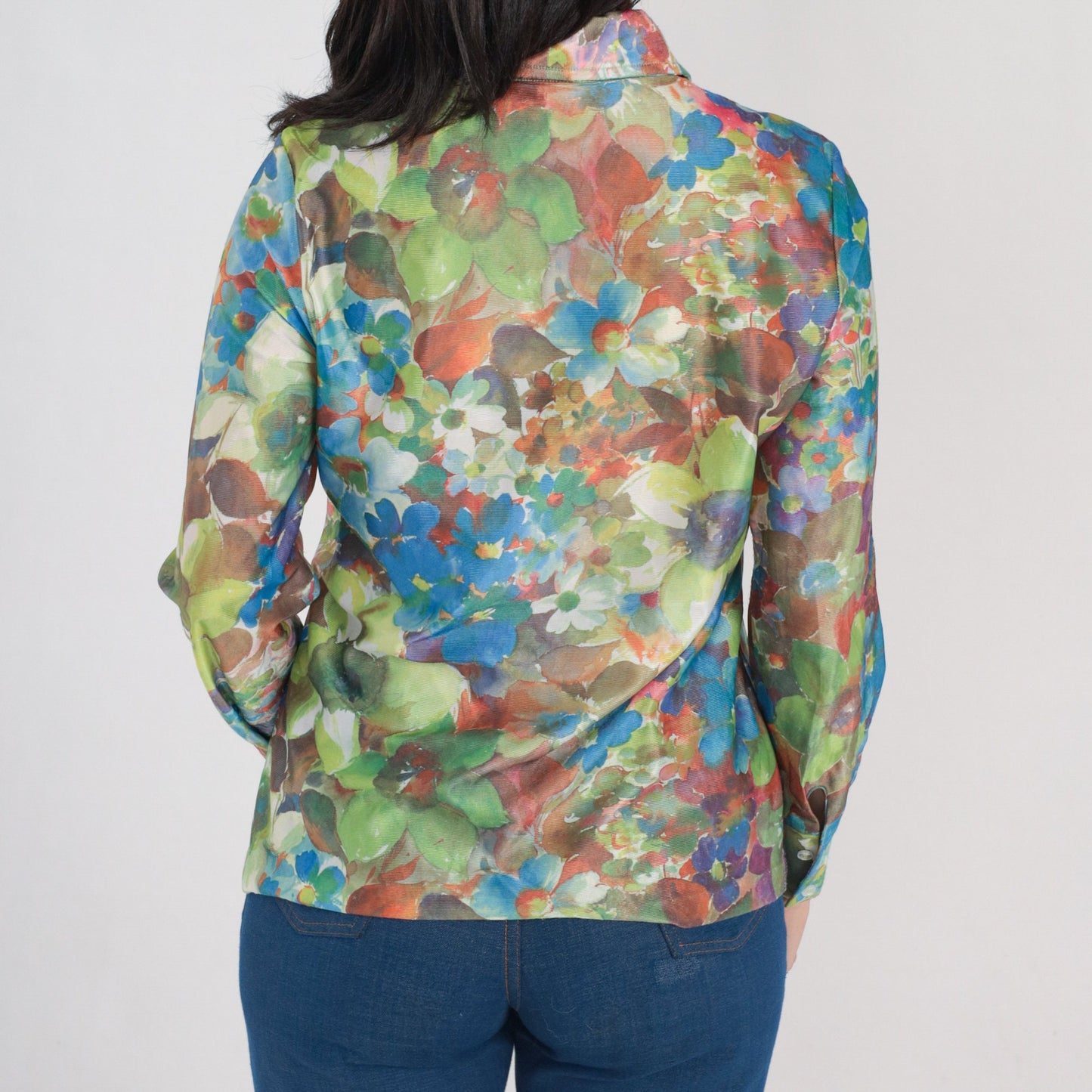 70s Floral Button-Up Blouse Long Sleeve Collared Shirt Green Blue Orange Medium