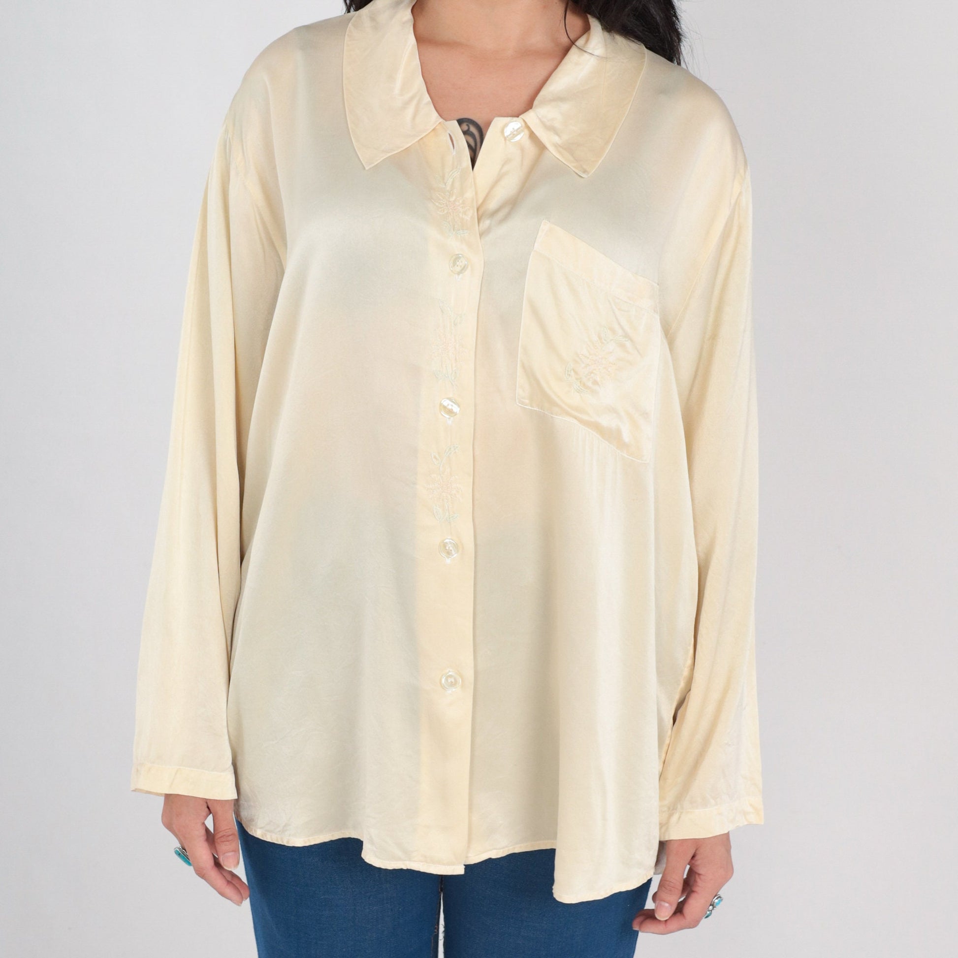 90s Cream Silk Blouse Floral Embroidered Button Up Long Sleeve Extra Large XL