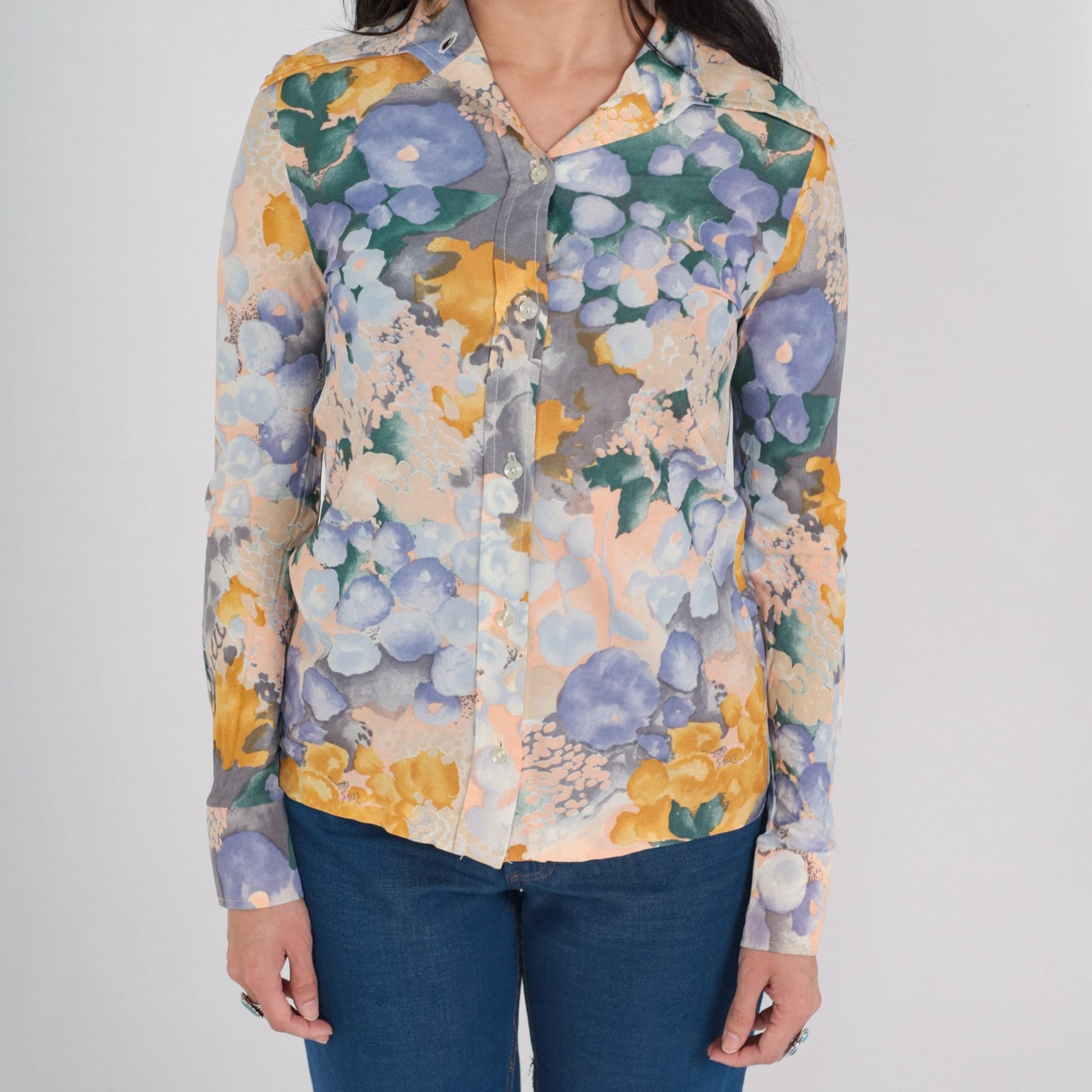 70s Watercolor Floral Button-Up Blouse Dagger Collar Long Sleeve Purple Green Extra Small
