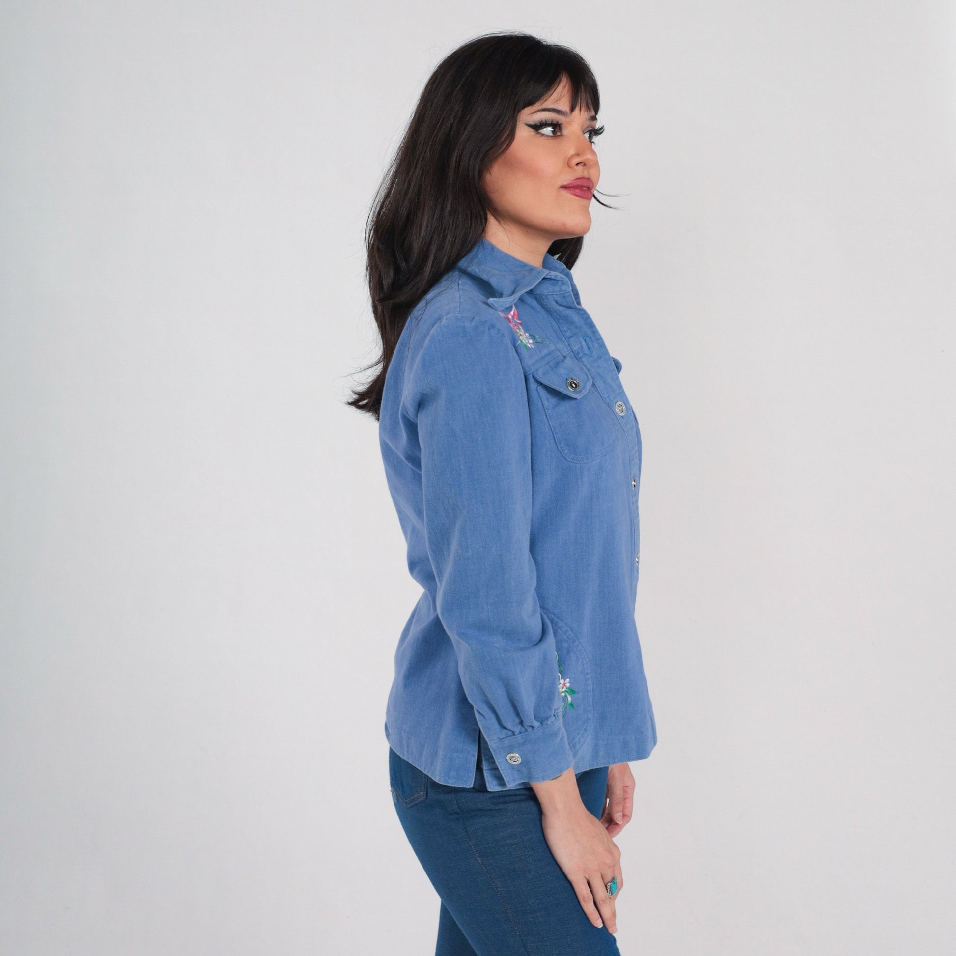 70s Floral Embroidered Denim Shirt Blue Cotton Button-Up Small