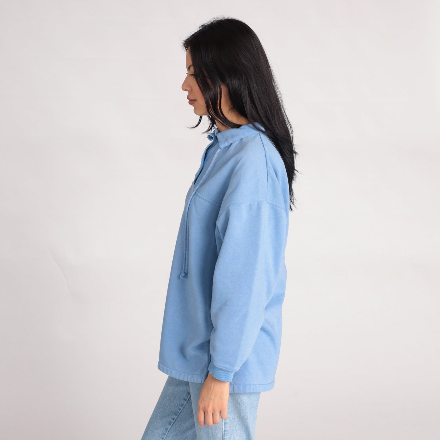 90s Cornflower Blue Sweatshirt Drawstring Neckline Polo Pullover Medium