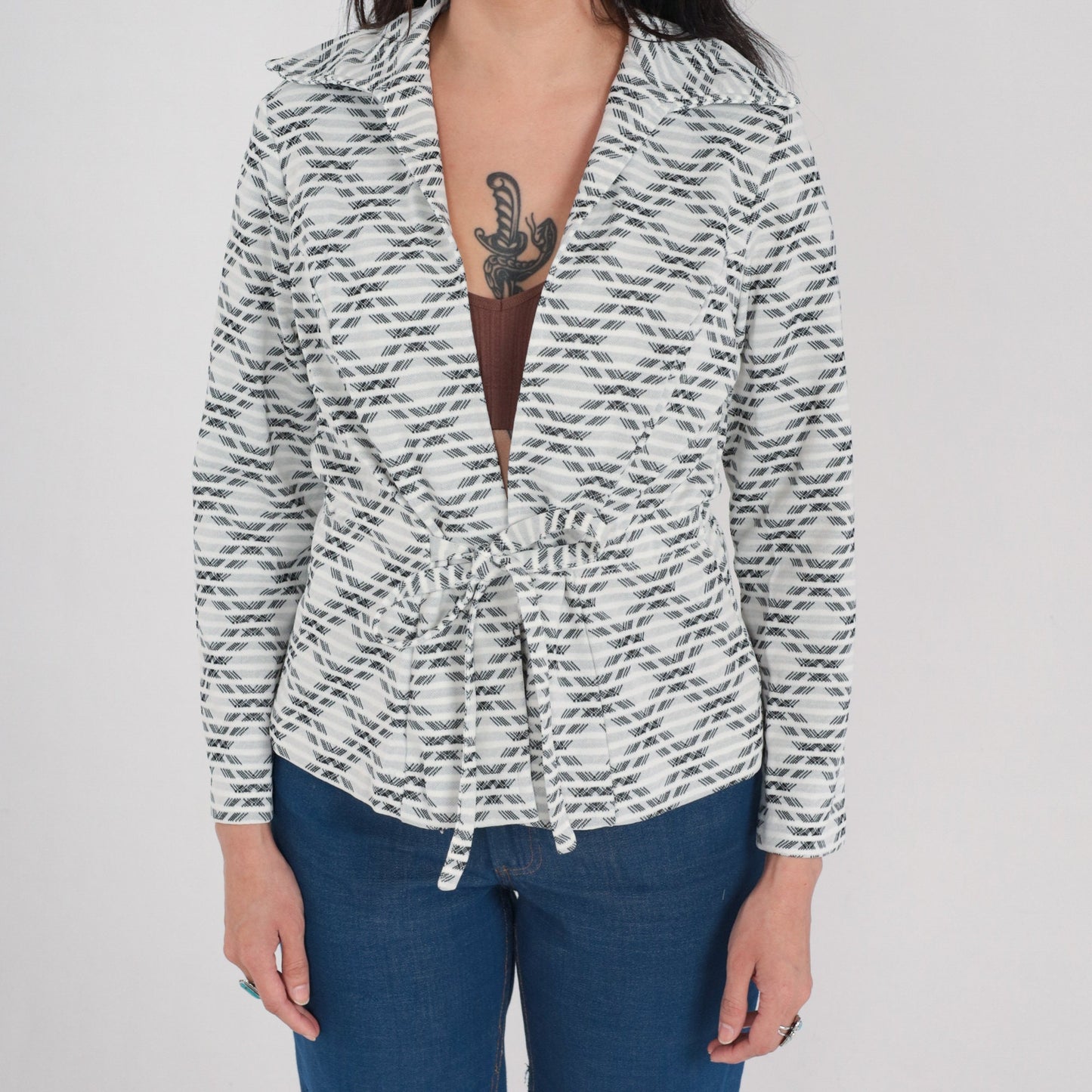 70s Checkered Tie Front Blazer White Black Striped Plaid Jacket Small