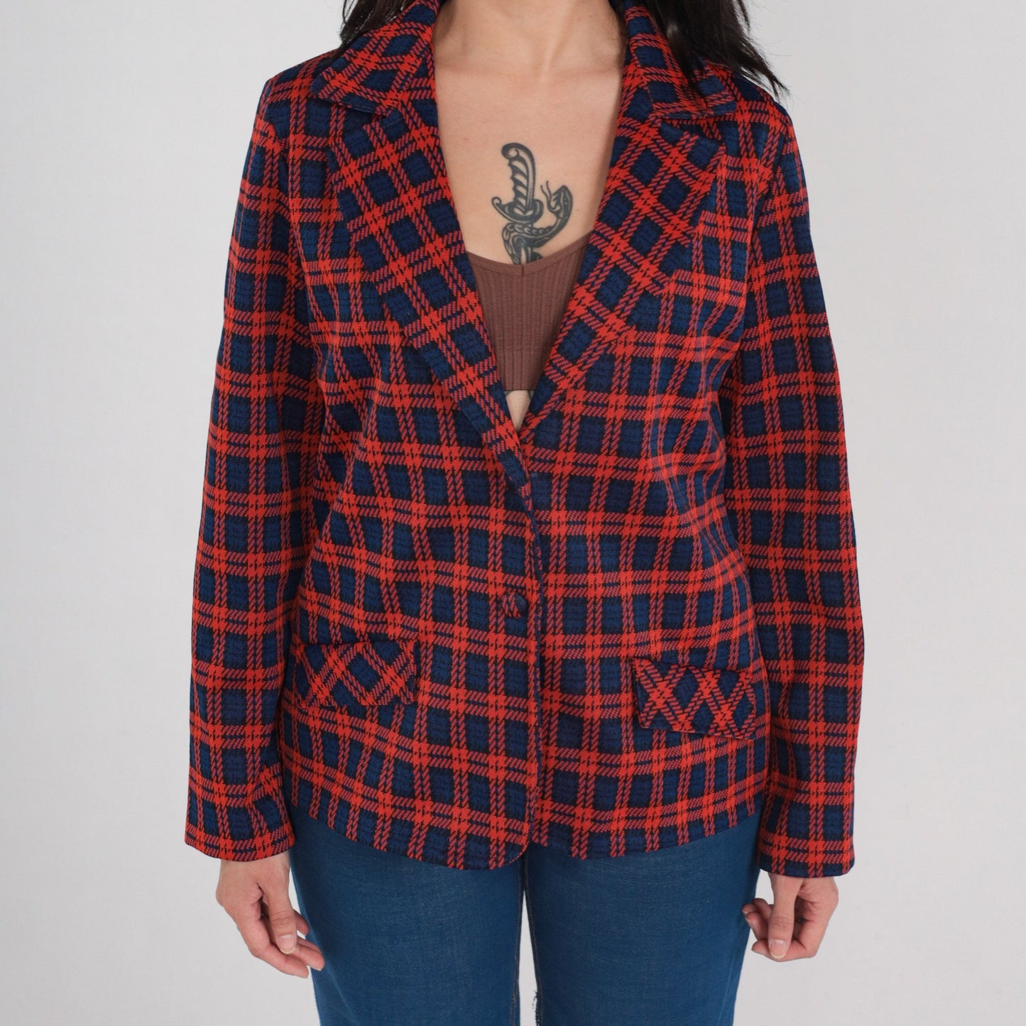 70s Plaid Blazer Red Blue Checkered Notched Collar Button Up Medium