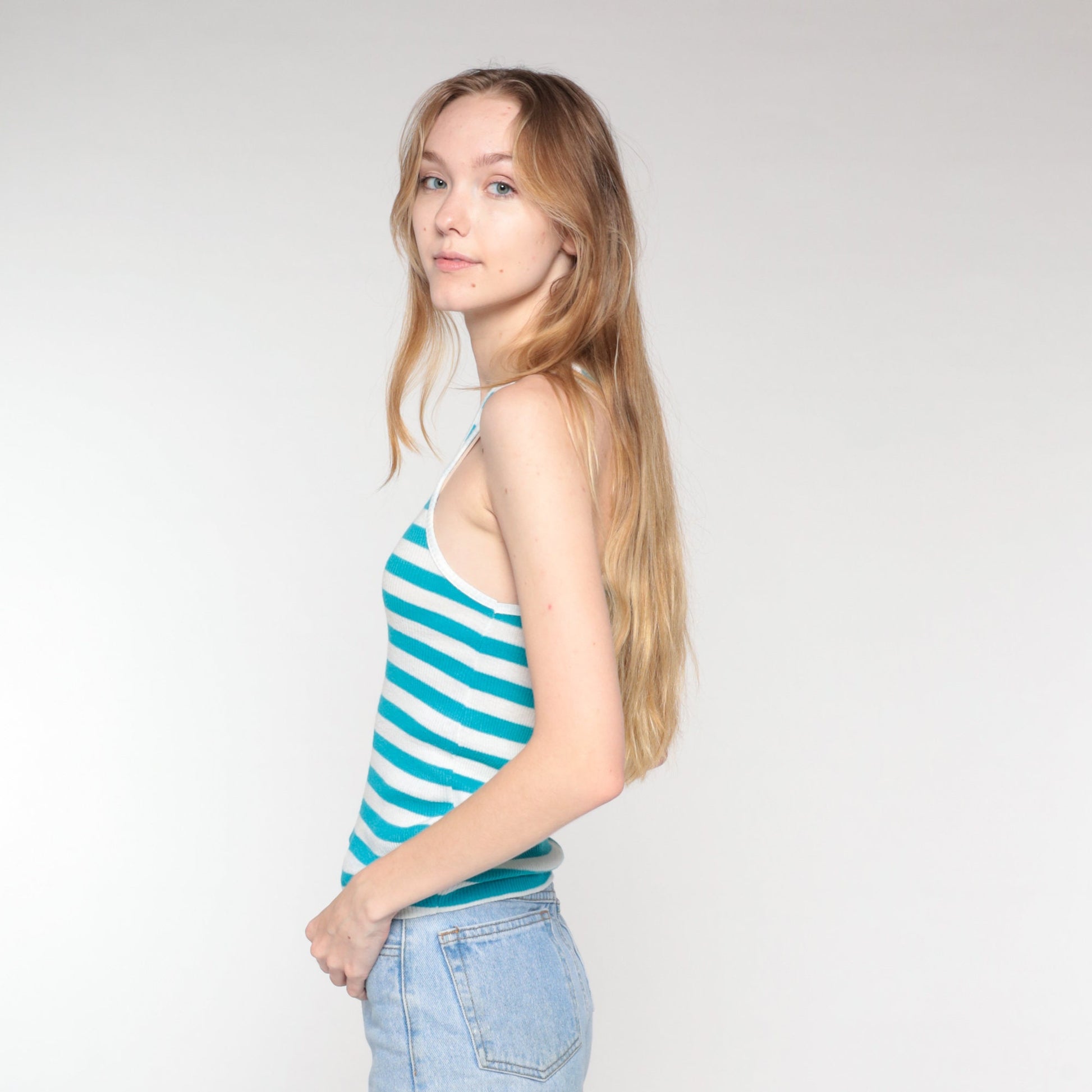 90s Blue White Striped Ribbed Tank Top Racerback XS