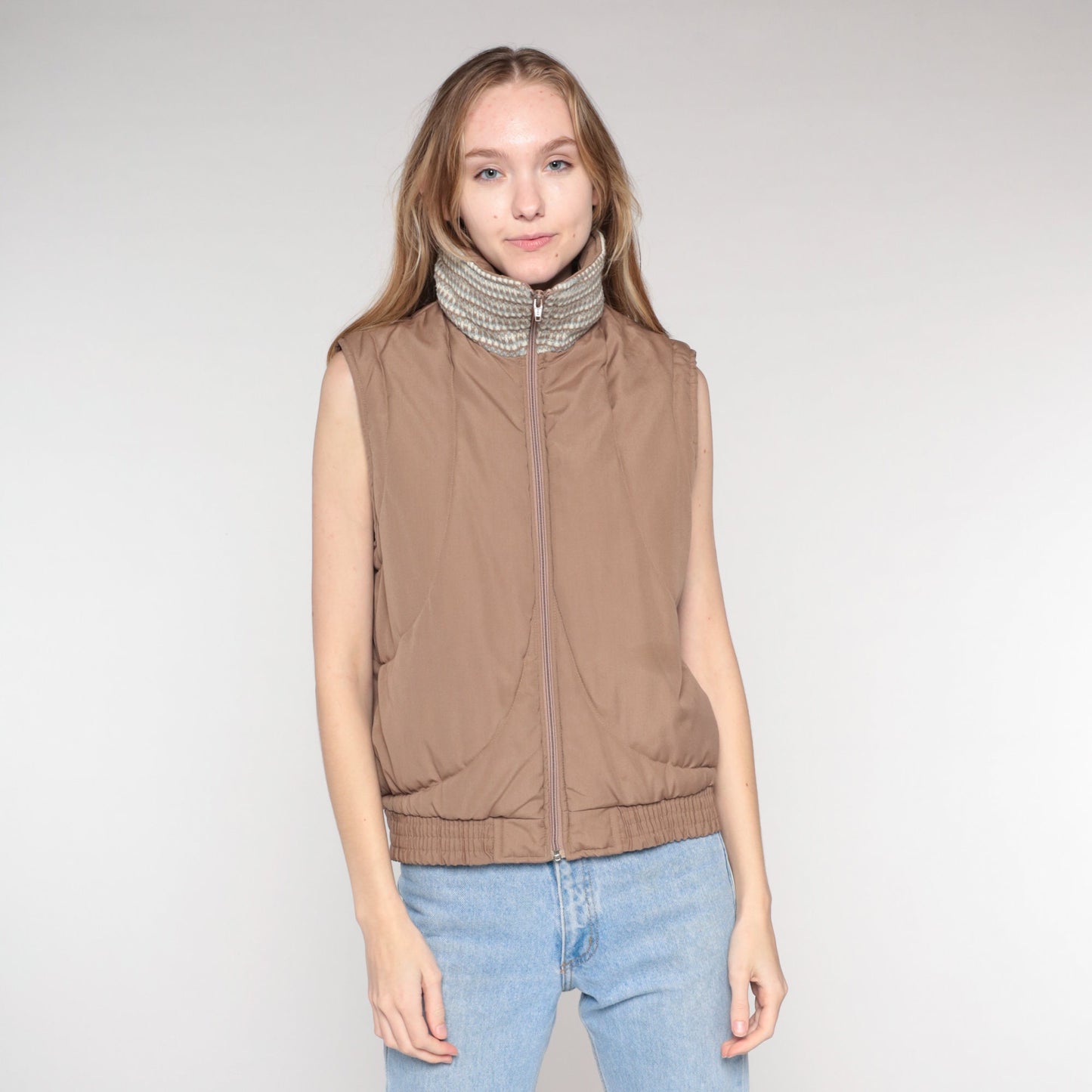 80s Brown Quilted Puffer Vest Zip Knit Collar Sleeveless Medium