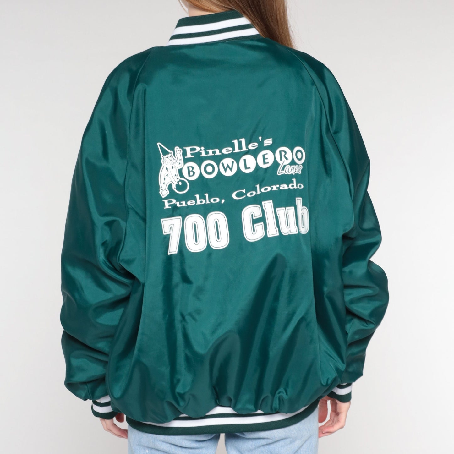 80s Pinelle's Bowlero Lanes Bomber Jacket Green Quilted Snap Coat Extra Large XL