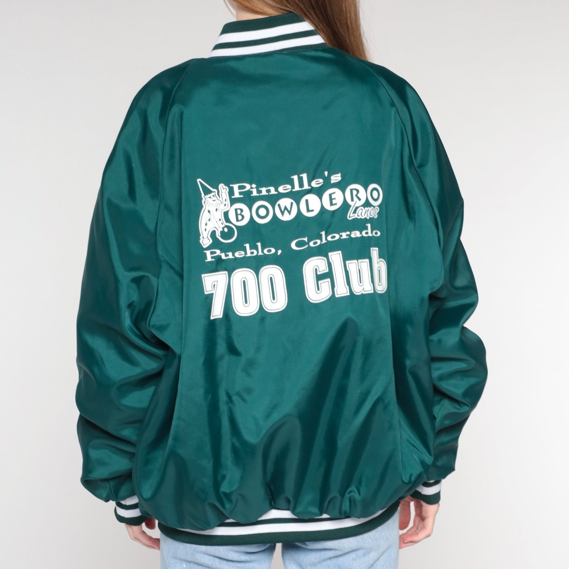 80s Pinelle's Bowlero Lanes Bomber Jacket Green Quilted Snap Coat Extra Large XL
