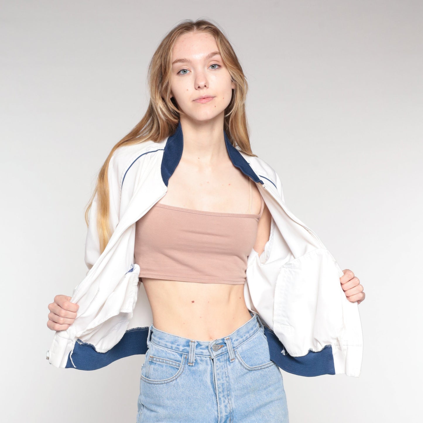 80s White Bomber Jacket Blue Trim Windbreaker Zip Front Large L