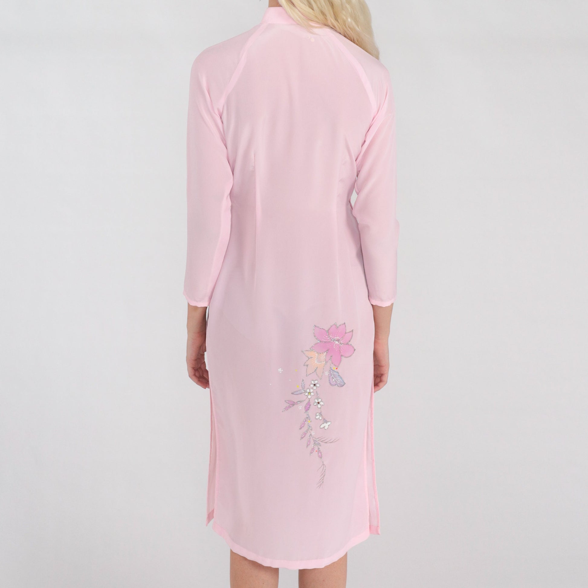 70s Ao Dai Dress Pink Floral Glitter Midi Mandarin Collar High Slit XXS