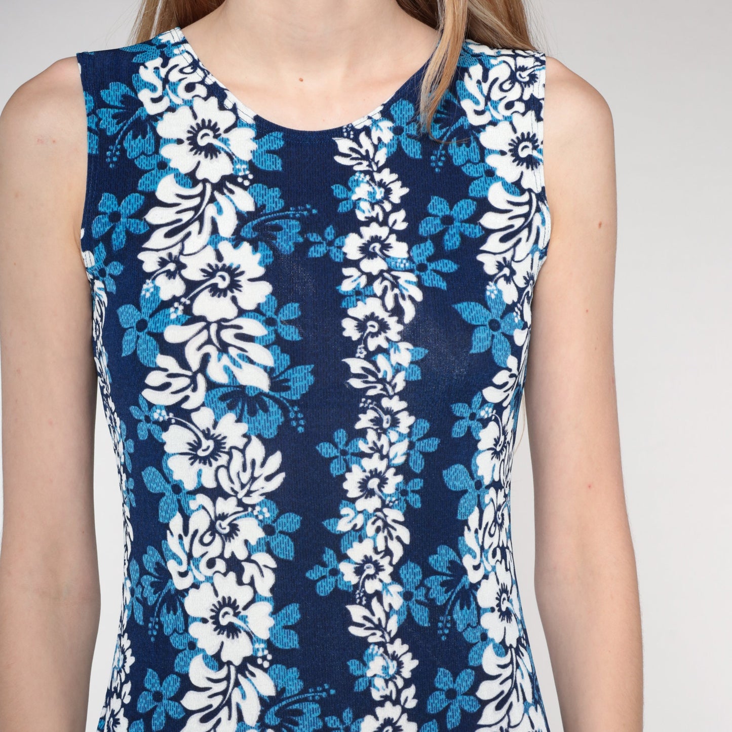 90s Blue Hawaiian Floral Mini Dress Sleeveless Shift Sundress Small