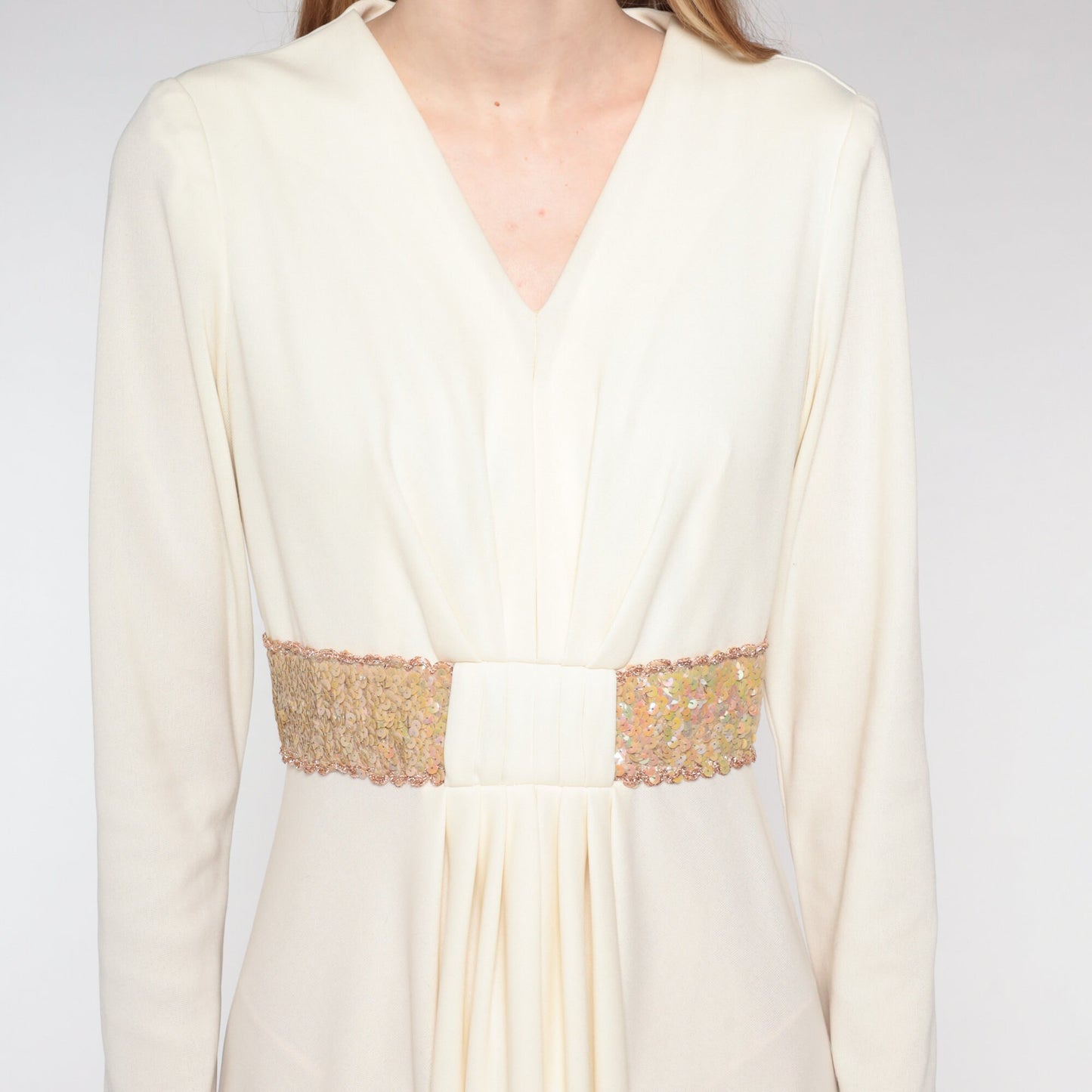 70s Grecian Maxi Dress Cream Sequin V-Neck Long Sleeve Small S
