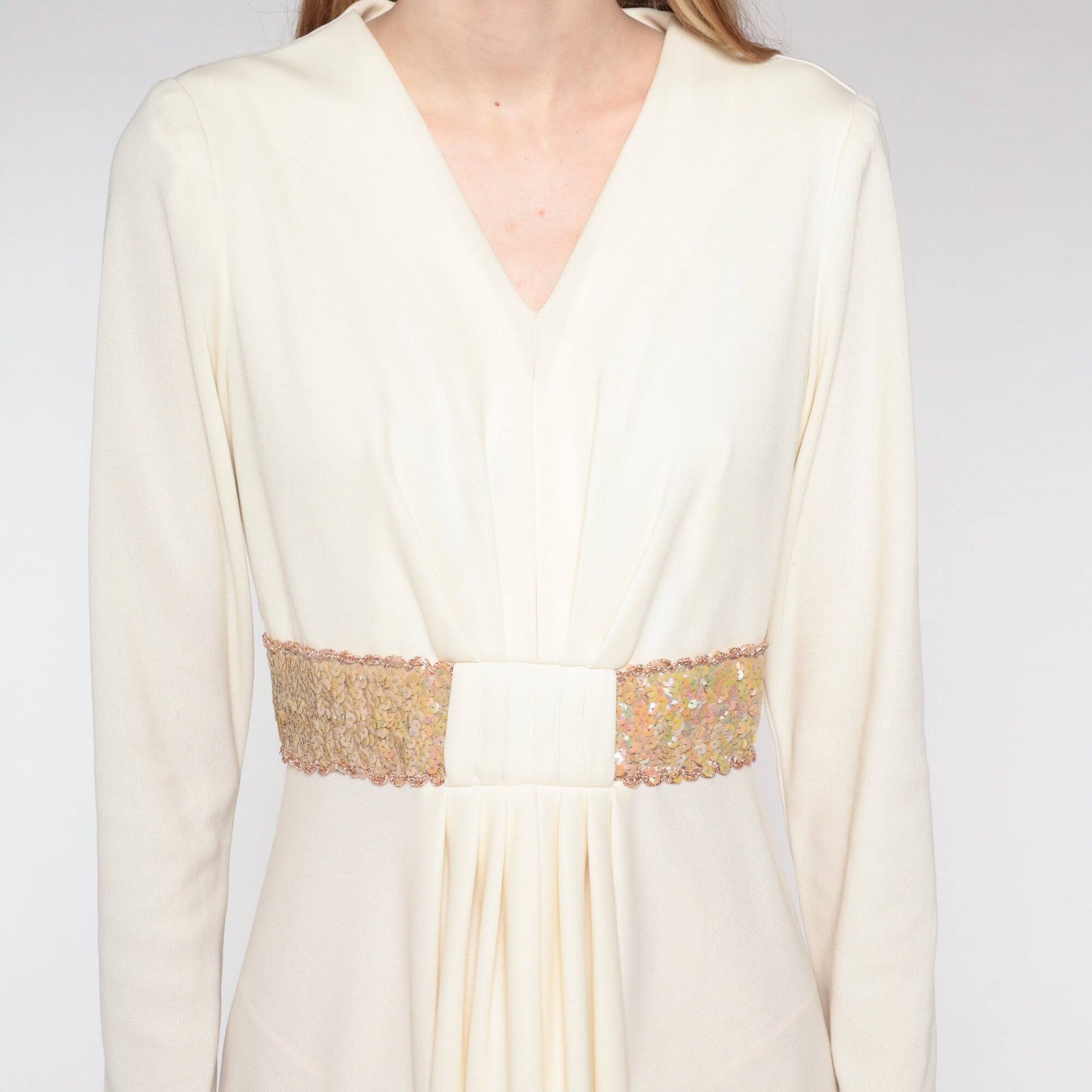 70s Grecian Maxi Dress Cream Sequin V-Neck Long Sleeve Small S