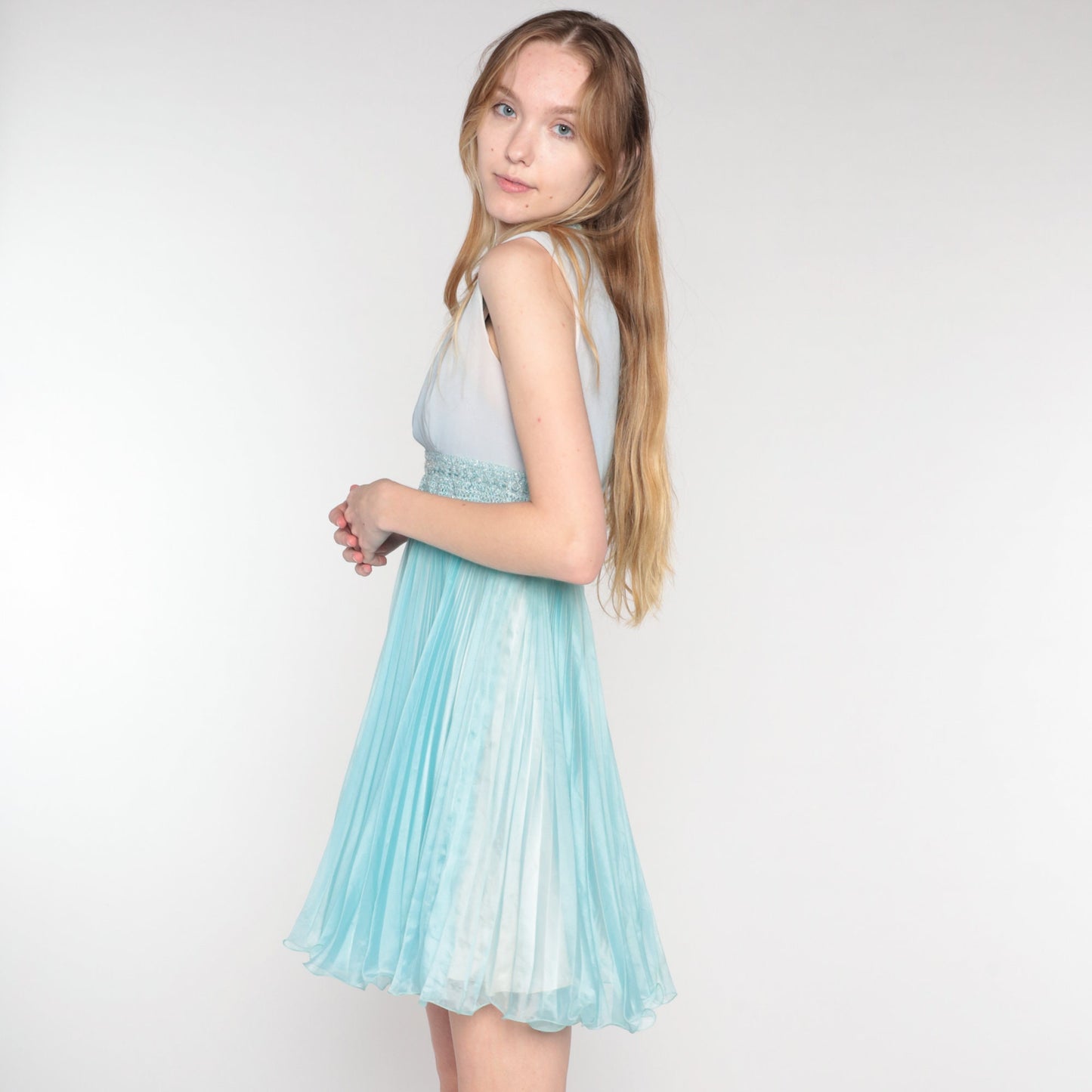 60s Blue Sparkly Empire Waist Mini Dress Sleeveless Pleated Cocktail Extra Small