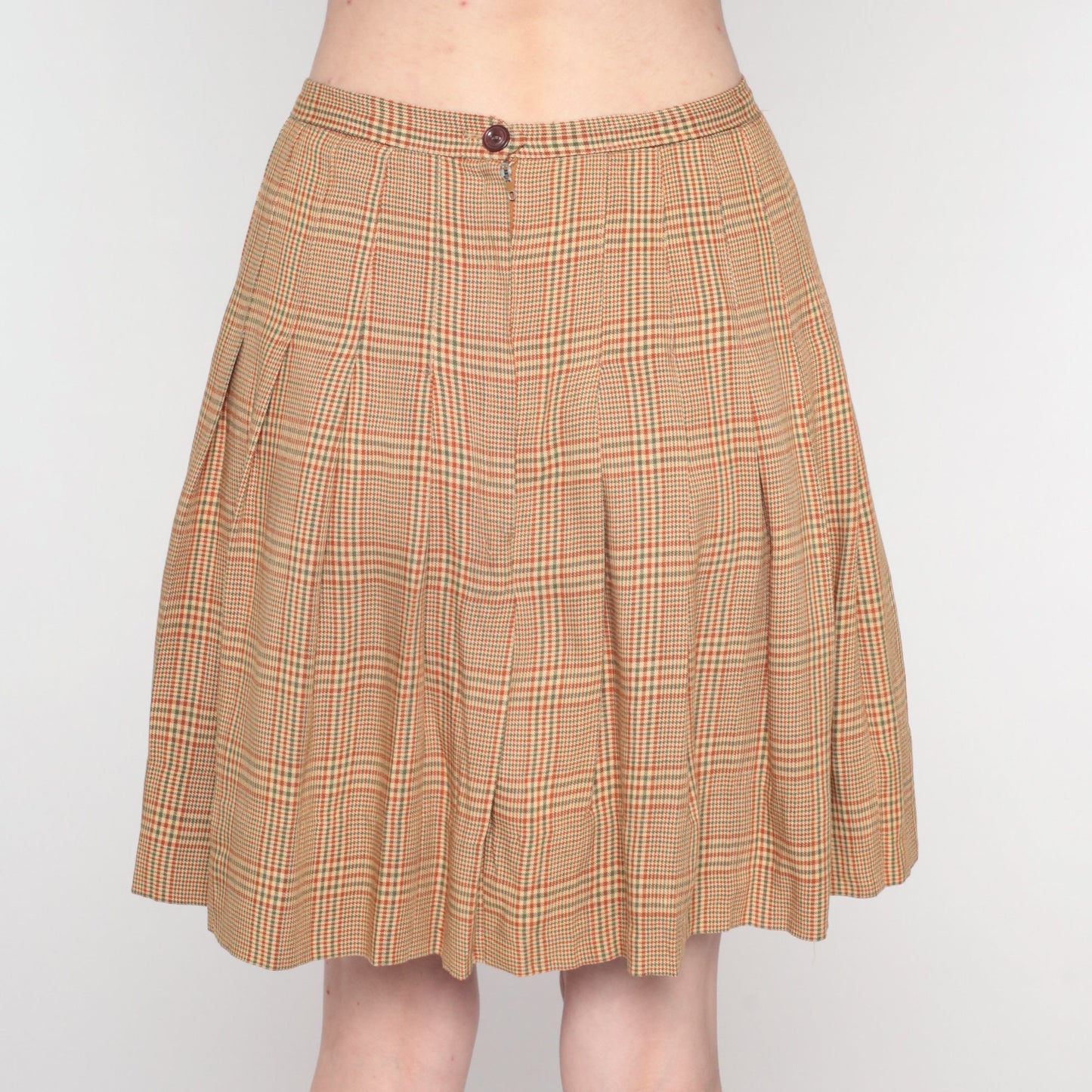 70s Plaid Mini Skirt High Waist Pleated Tan Orange Green Tartan Extra Small