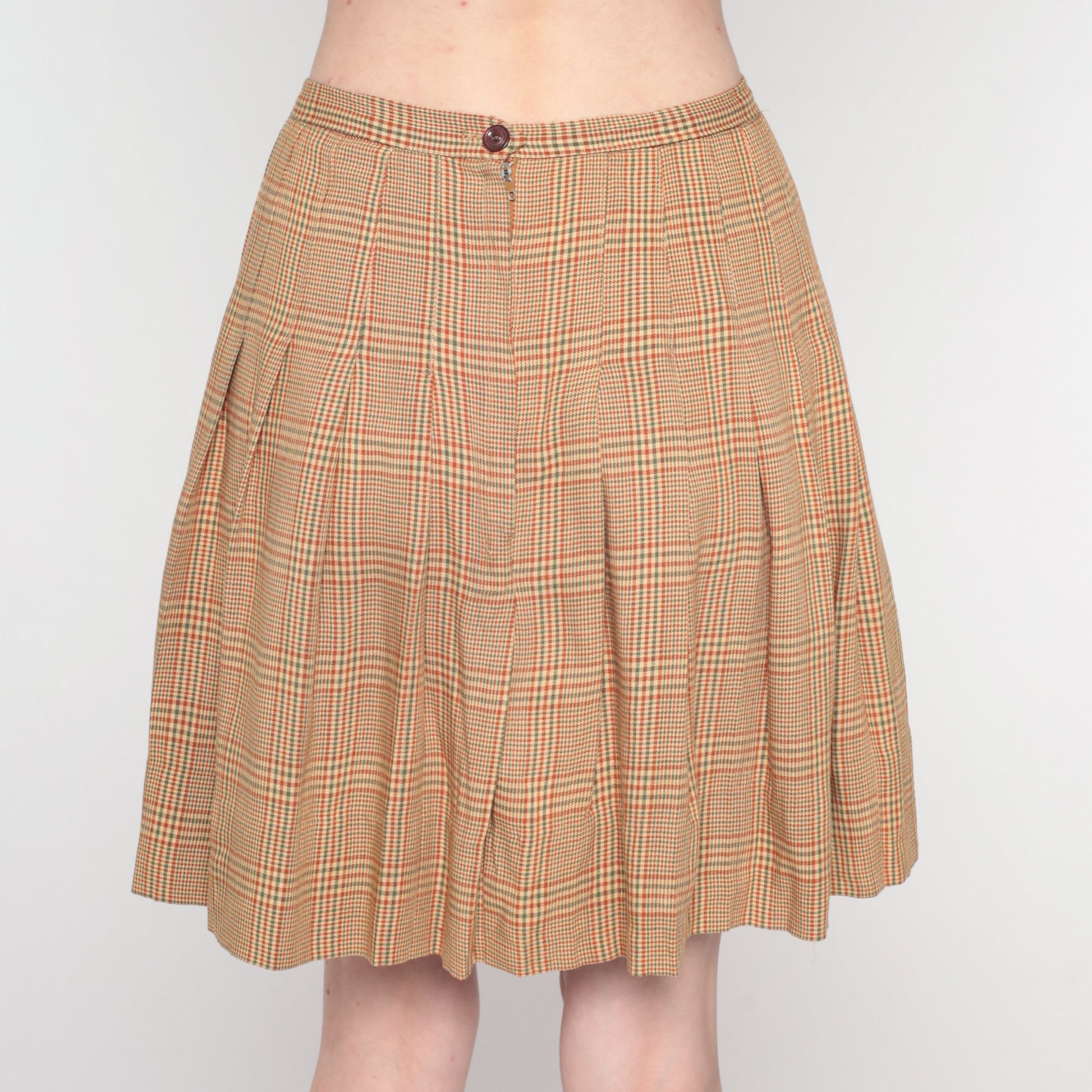 70s Plaid Mini Skirt High Waist Pleated Tan Orange Green Tartan Extra Small