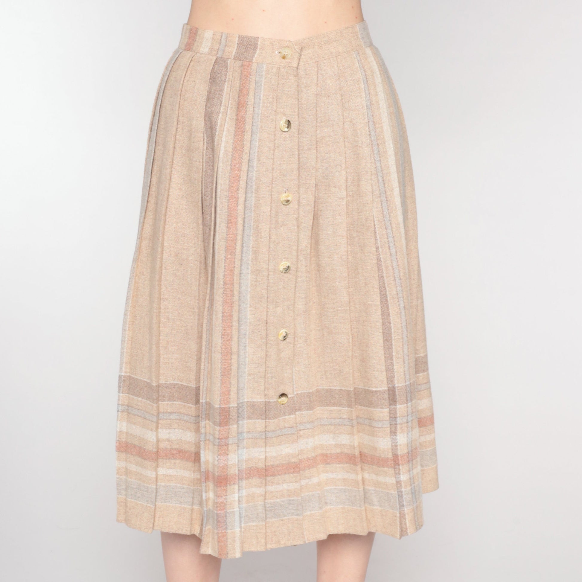 80s Tan Striped Pleated Midi Skirt High Waist Button Front Extra Small