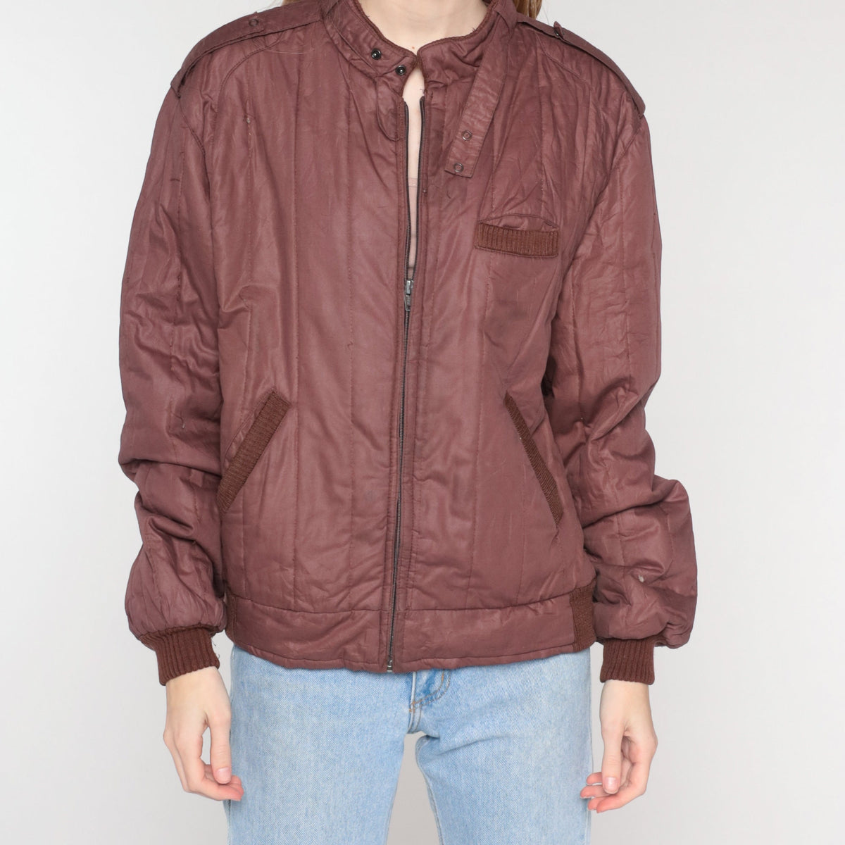 80s Members Only Brown Quilted Windbreaker Jacket Zip Bomber Medium