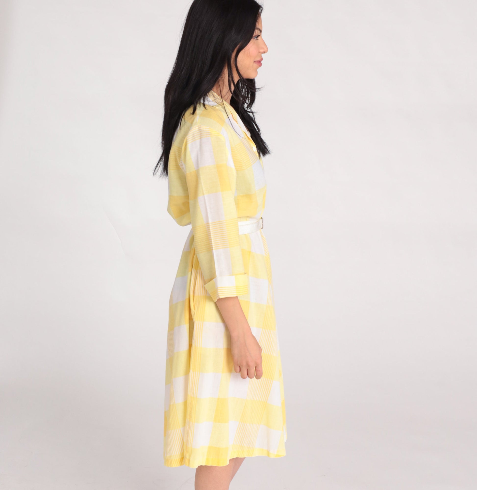 80s Blair Yellow Plaid Midi Shirtdress High Waist Button Up Medium