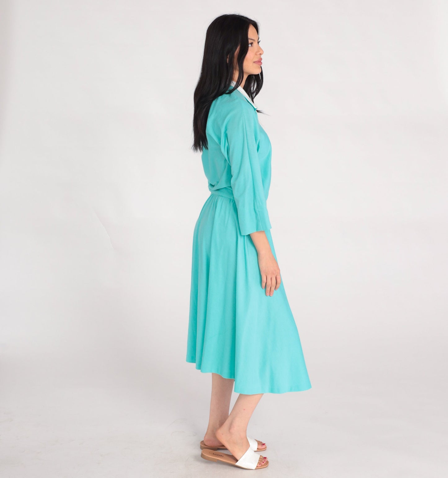 80s Mint Blue Shirtwaist Midi Dress High Waisted Button Up 3/4 Sleeve Large