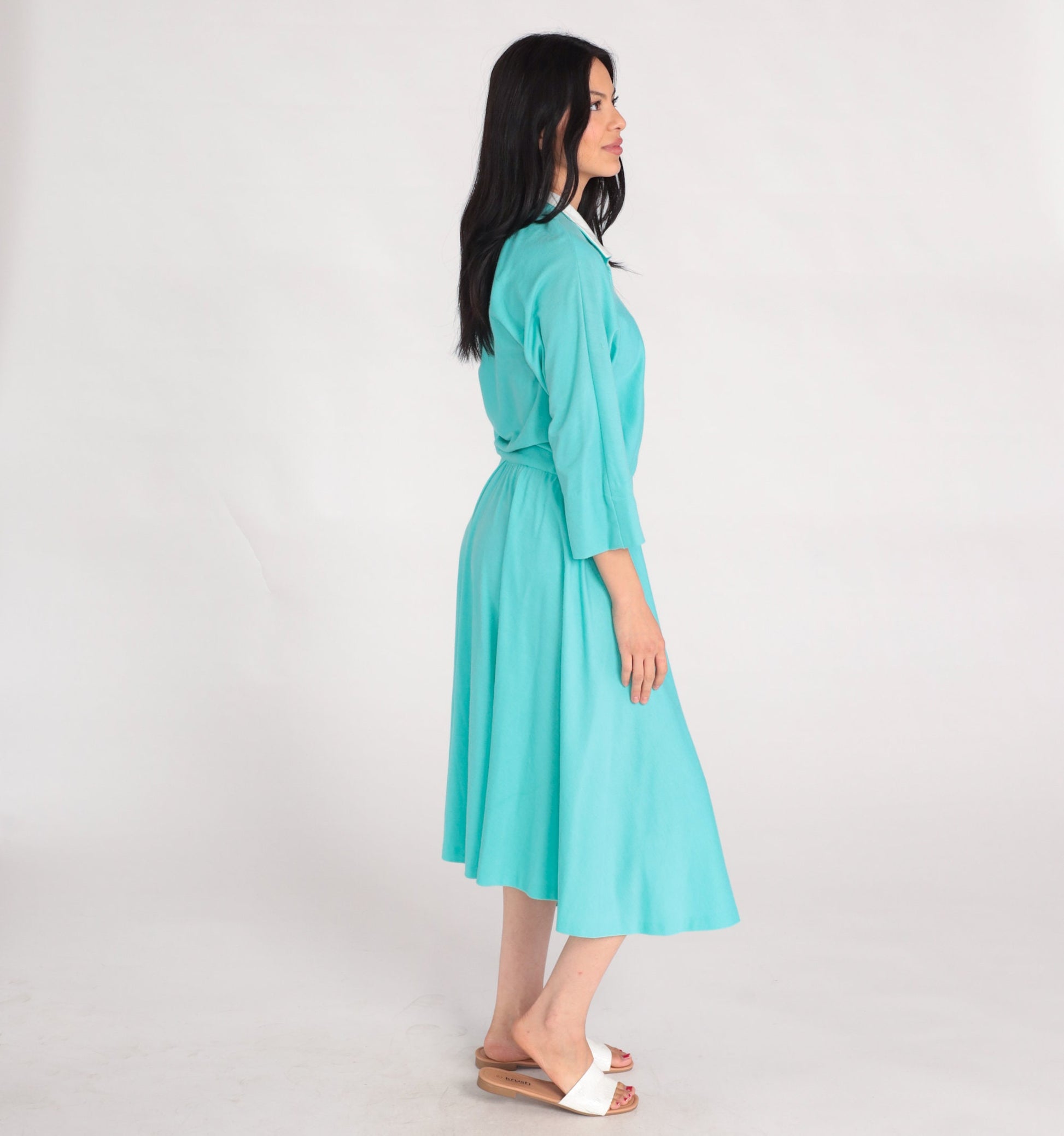 80s Mint Blue Shirtwaist Midi Dress High Waisted Button Up 3/4 Sleeve Large