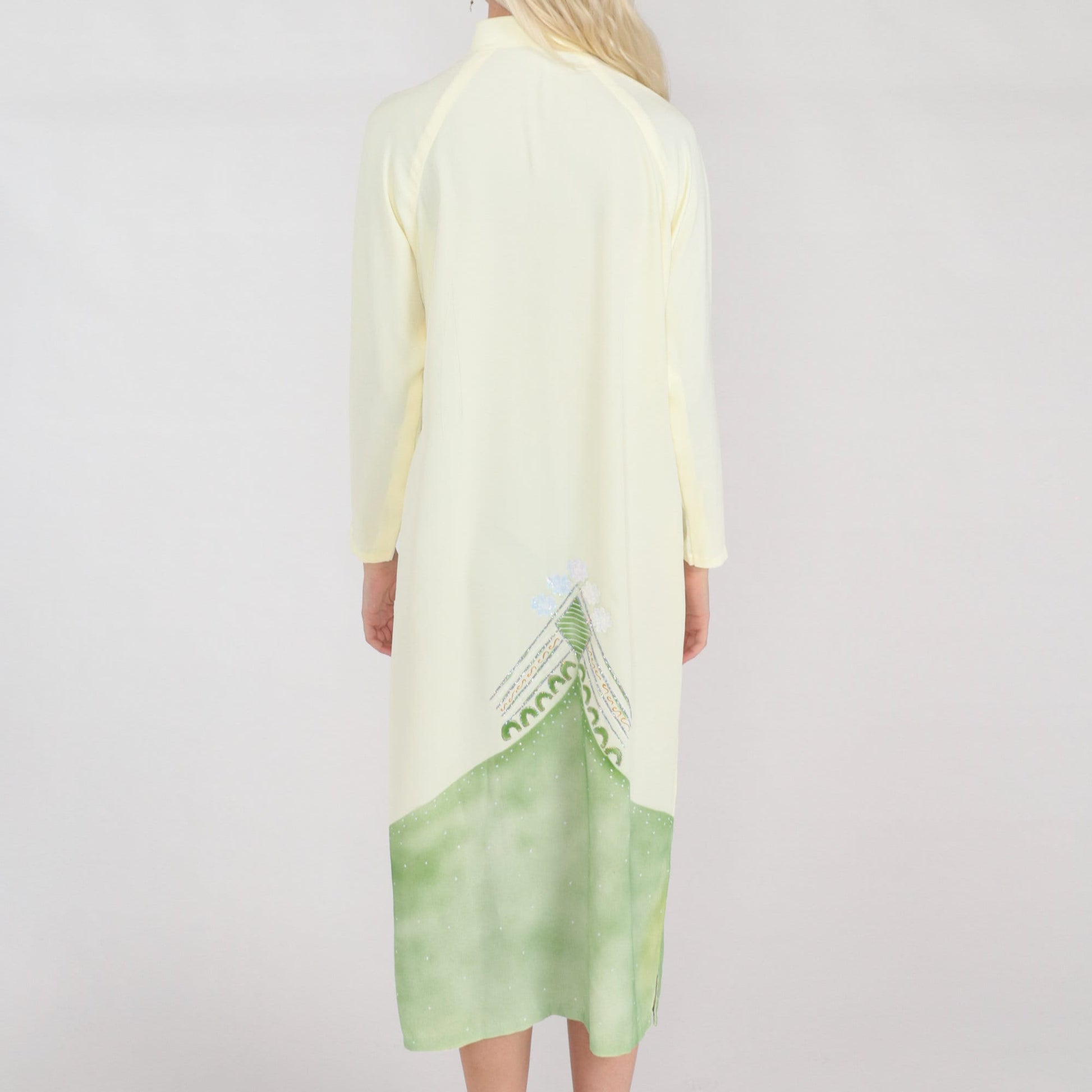 90s Vietnamese Ao Dai Midi Dress Light Yellow Mandarin Collar Long Sleeve Medium M