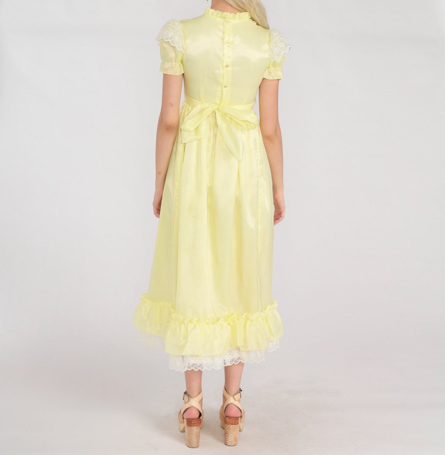 70s Yellow Midi Dress Lace Trim High Waist Puff Sleeve Ruffled Neck XXS